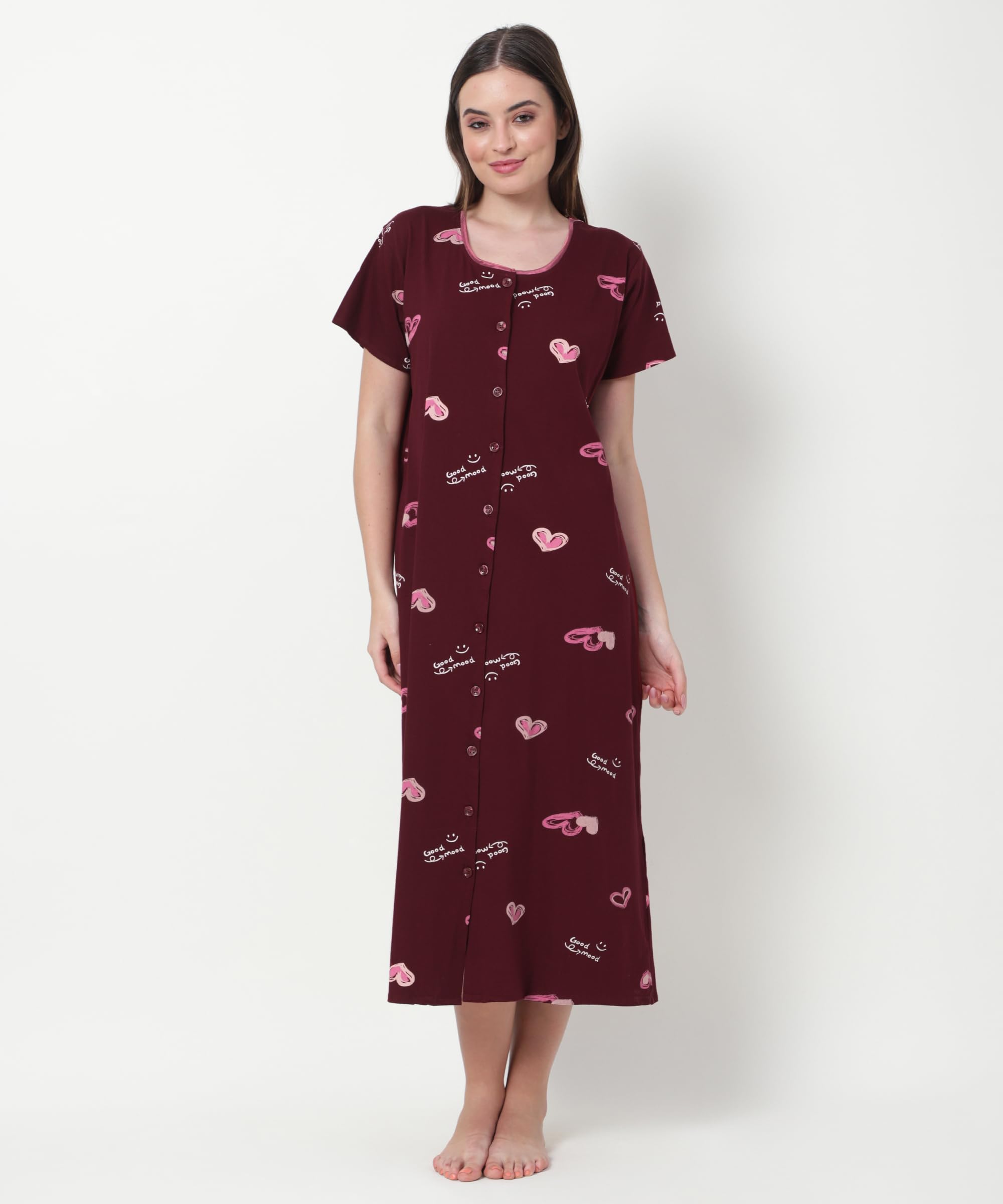 Noty ® Women's- Maternity | Hospital | Delivery Gown | Feeding | Nursing Nighty- Sinker Cotton Knits Fabric- Front Open | Printed | Full Button Open | Short Sleeves
