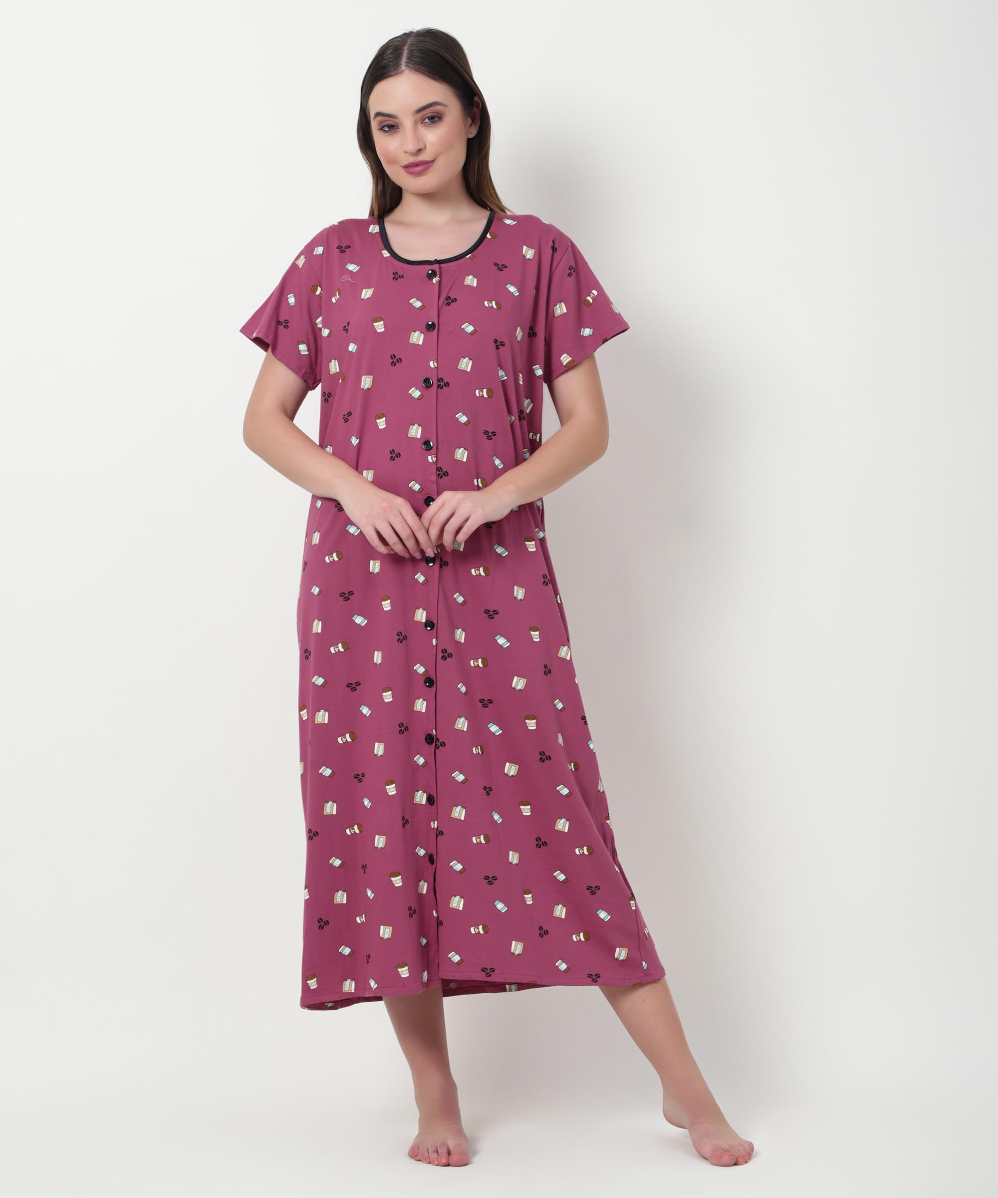 Noty ® Women's- Maternity | Hospital | Delivery Gown | Feeding | Nursing Nighty- Sinker Cotton Knits Fabric- Front Open | Printed | Full Button Open | Short Sleeves