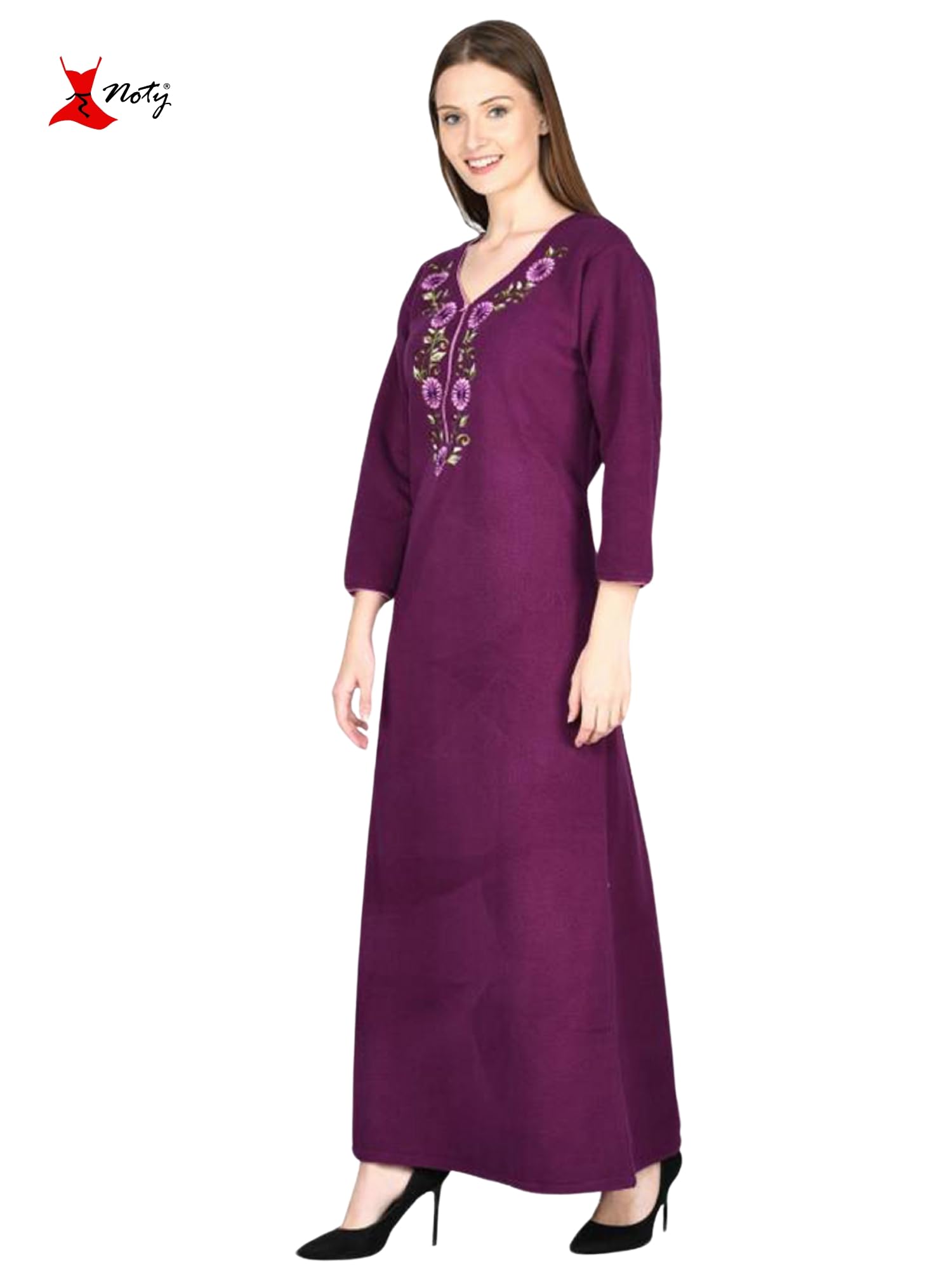 Noty Women Woolen Winter Fleece Nighty 3/4 Sleeve - Punch, Maroon, Deep Purple, Navy Blue