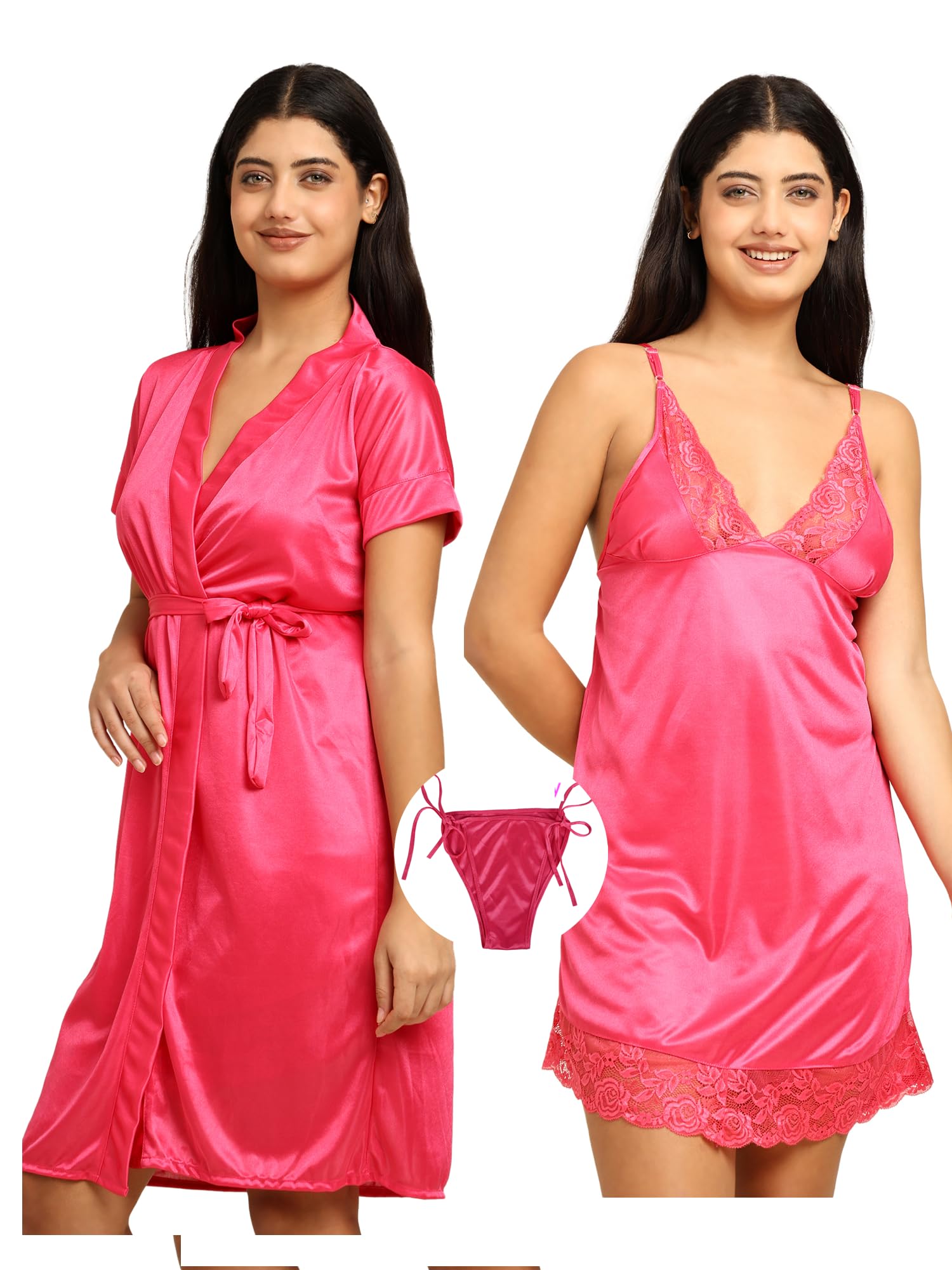 Noty ® Women's- 3 Pc Hot & Sexy Nightwear Set- Satin - Sexy Lace Chemise with Robe