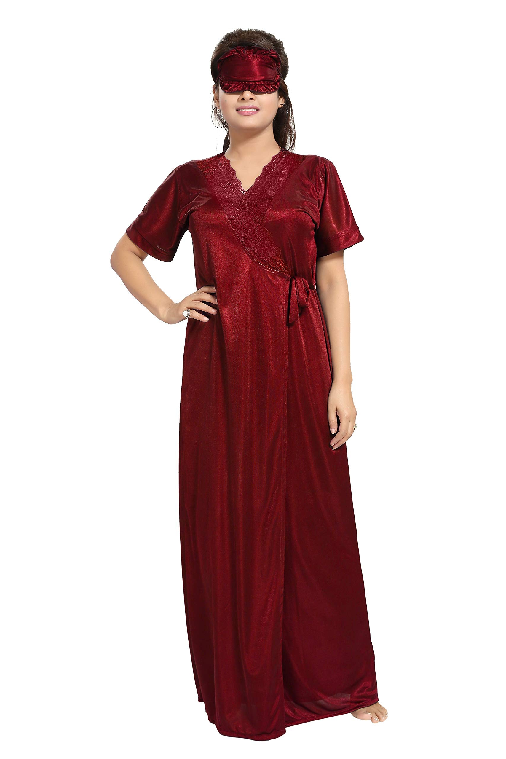 Noty Women's Satin Nighty, Robe, Top, Night Dress - Set of 6/7 (Maroon, Free Size)