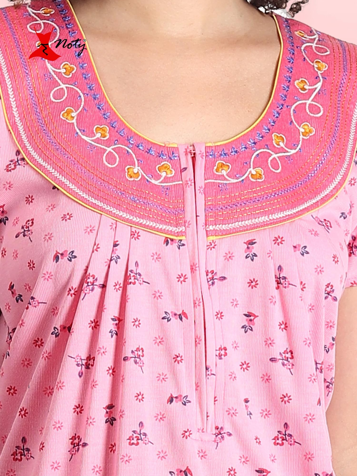 Noty® Women's- Nighty | Maxi | Gown- Poly Viscose Knits Fabric- Embroidery, Full Sleeves, Zip Closure