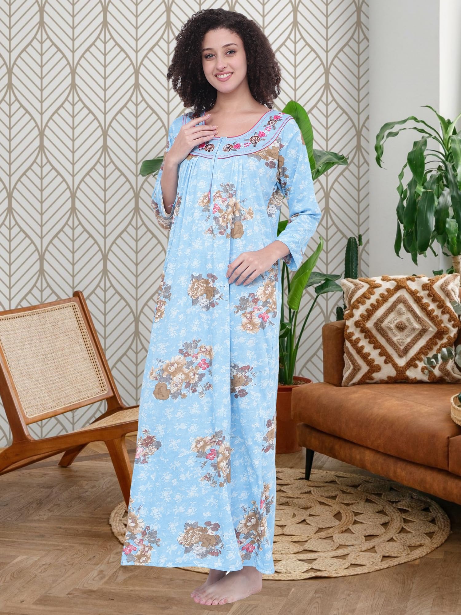 Noty® Women's- Nighty | Maxi | Gown- Poly Viscose Knits Fabric- Embroidery, Full Sleeves, Zip Closure