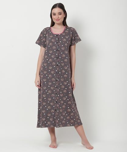 Noty ® Women's- Maternity | Hospital | Delivery Gown | Feeding | Nursing Nighty- Sinker Cotton Knits Fabric- Front Open | Printed | Full Button Open | Short Sleeves