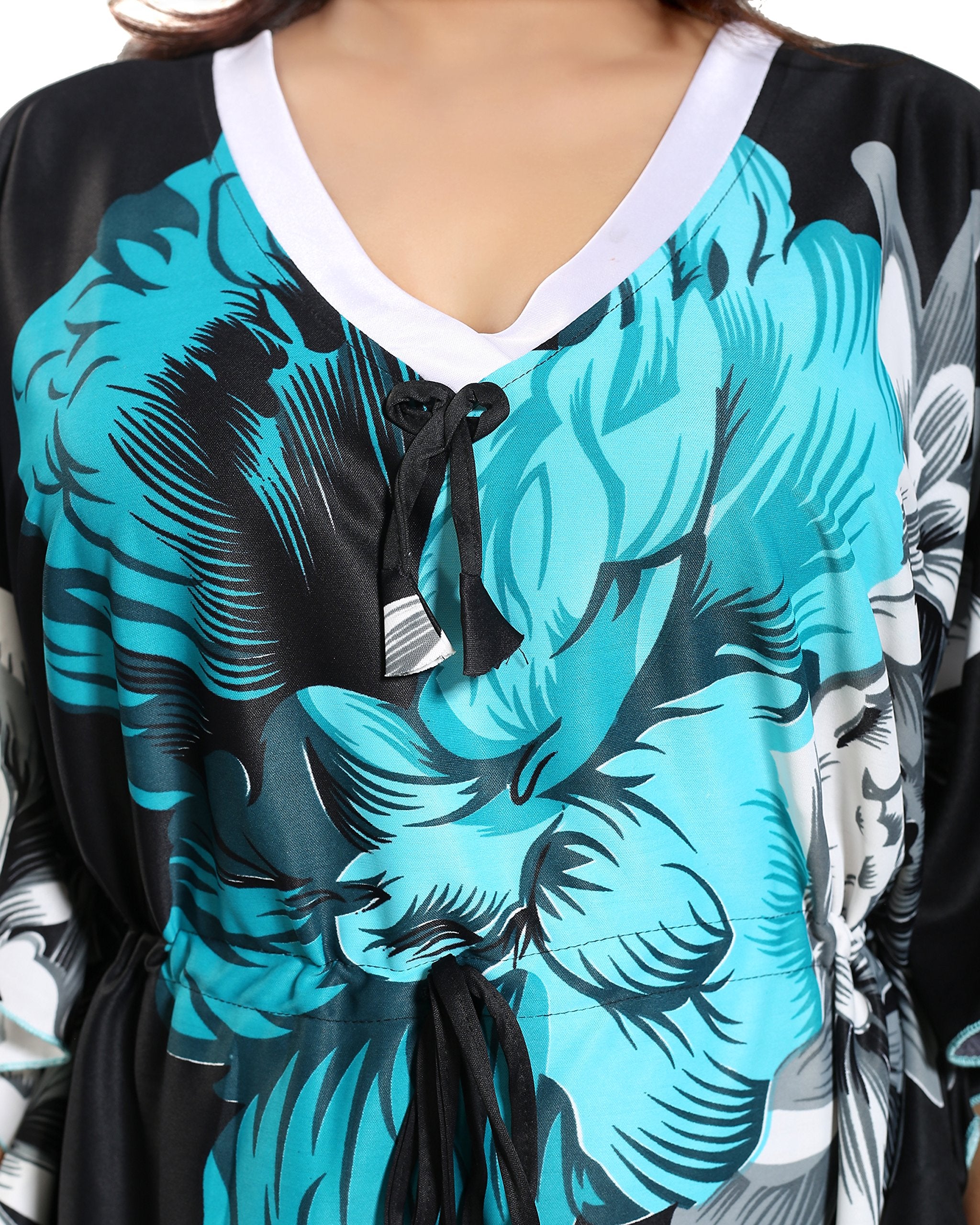 Noty Women's Kaftan Nighty | Serena Fabric | Floral Print Maxi | Short Sleeves | V Shaped Neck