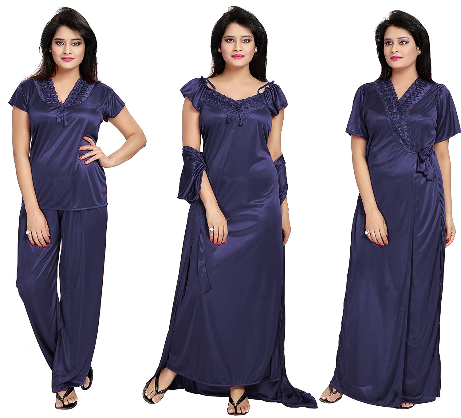 Noty Women's 4 Pc Nighty Set | Satin Nighty | Maxi with Robe | Solid Print | Top with Pajama | Lace work on Neck | Short Sleeves