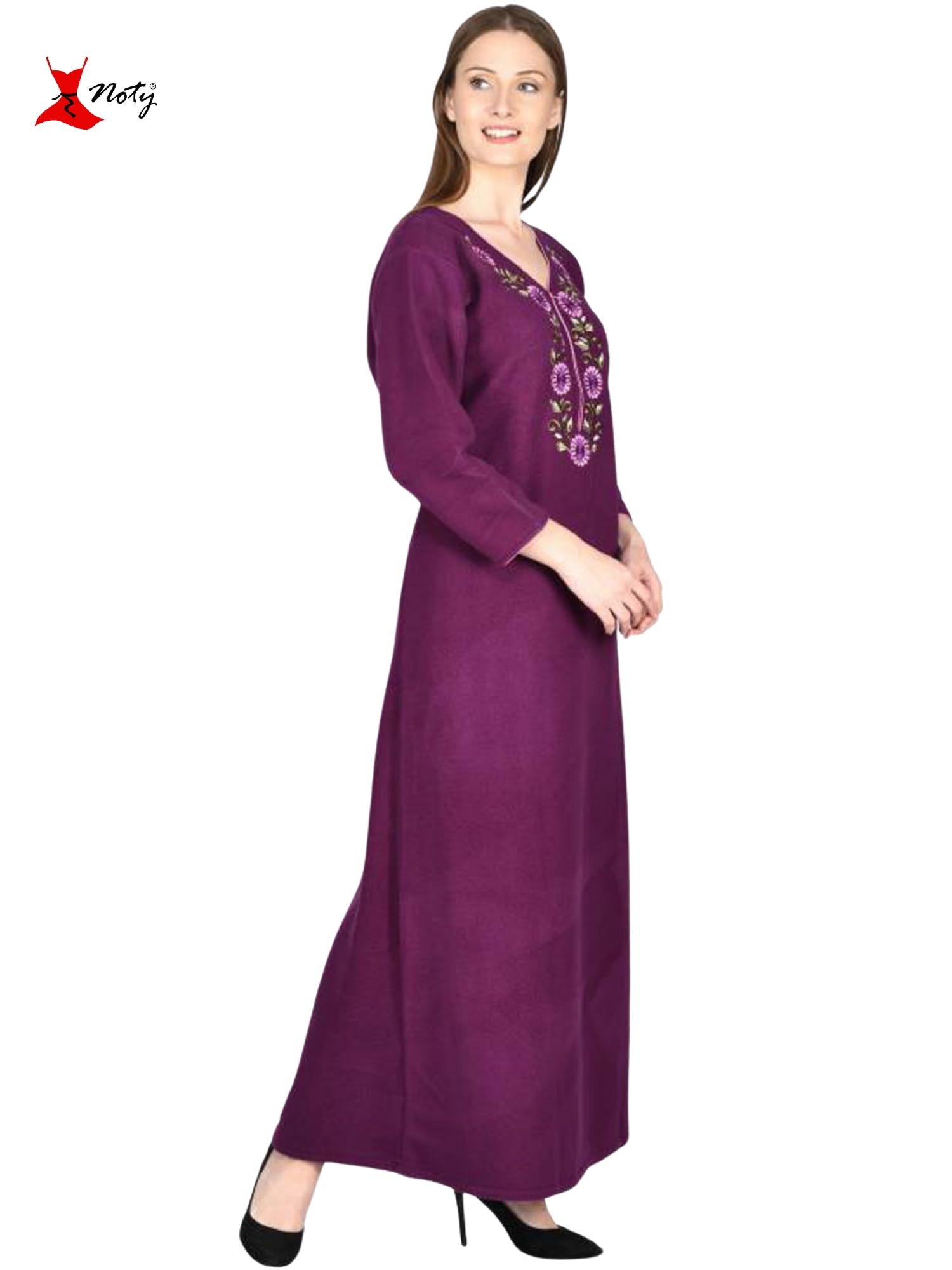 Noty Women Woolen Winter Fleece Nighty 3/4 Sleeve - Punch, Maroon, Deep Purple, Navy Blue