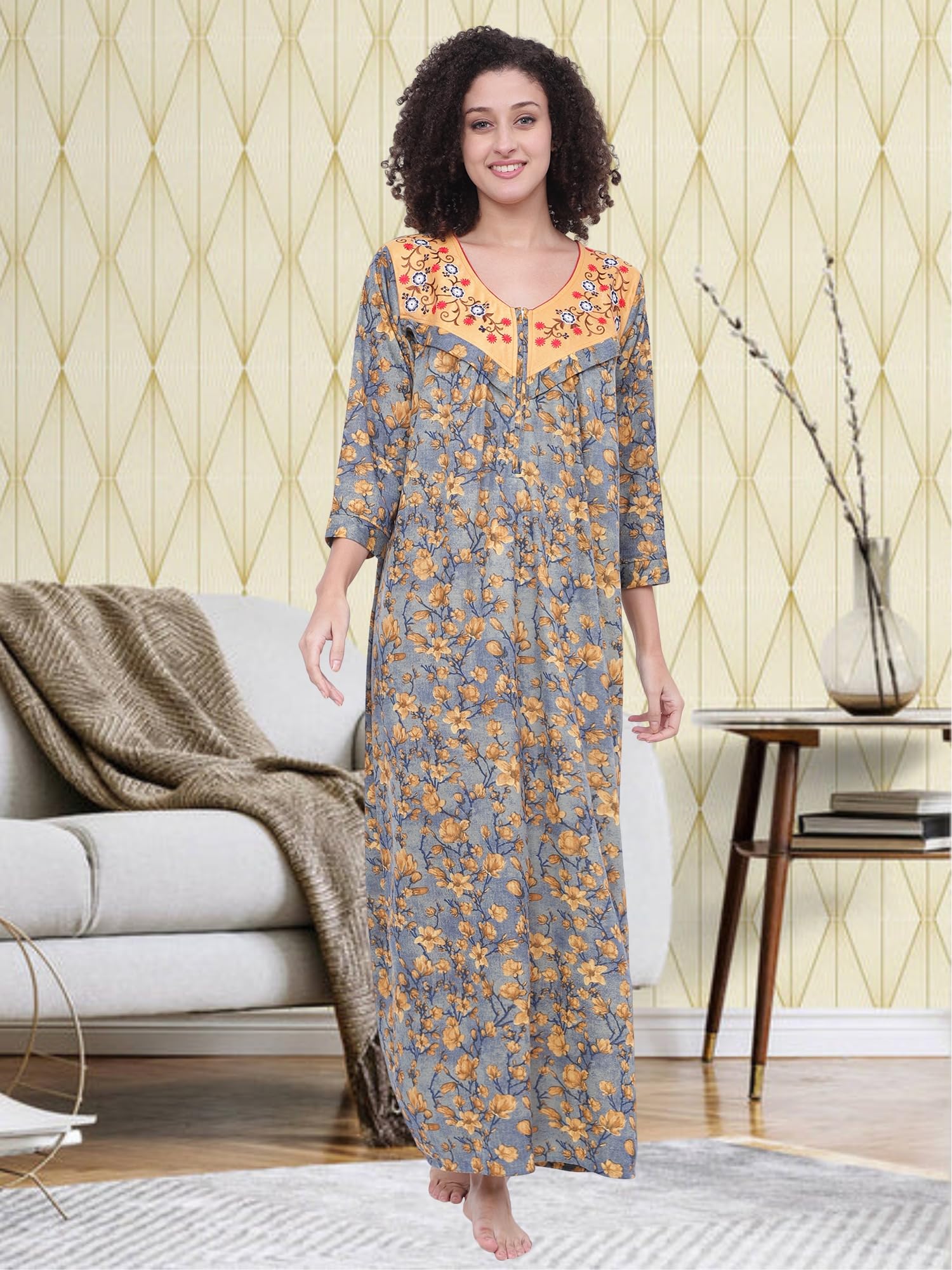 Noty ® Women's- Maternity | Feeding | Nursing | Nighty/Maxi/Gown- Poly Viscose Knits Fabric- Floral Embroidery, Zip on Both Sides, Full Sleeves