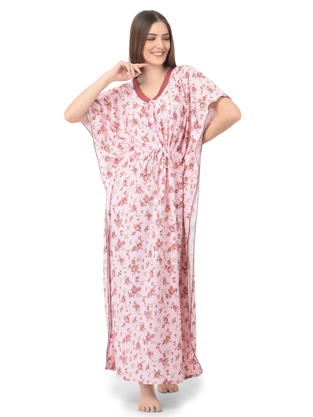 Noty Women's Soft Cotton Kaftan Maxi Nightgown Nighty Nightdress Nightwear -V-Neck- Floral