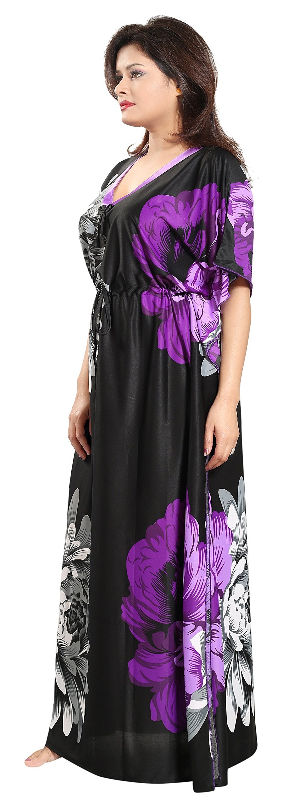 Noty Women's Kaftan Nighty | Serena Fabric | Floral Print Maxi | Short Sleeves | V Shaped Neck