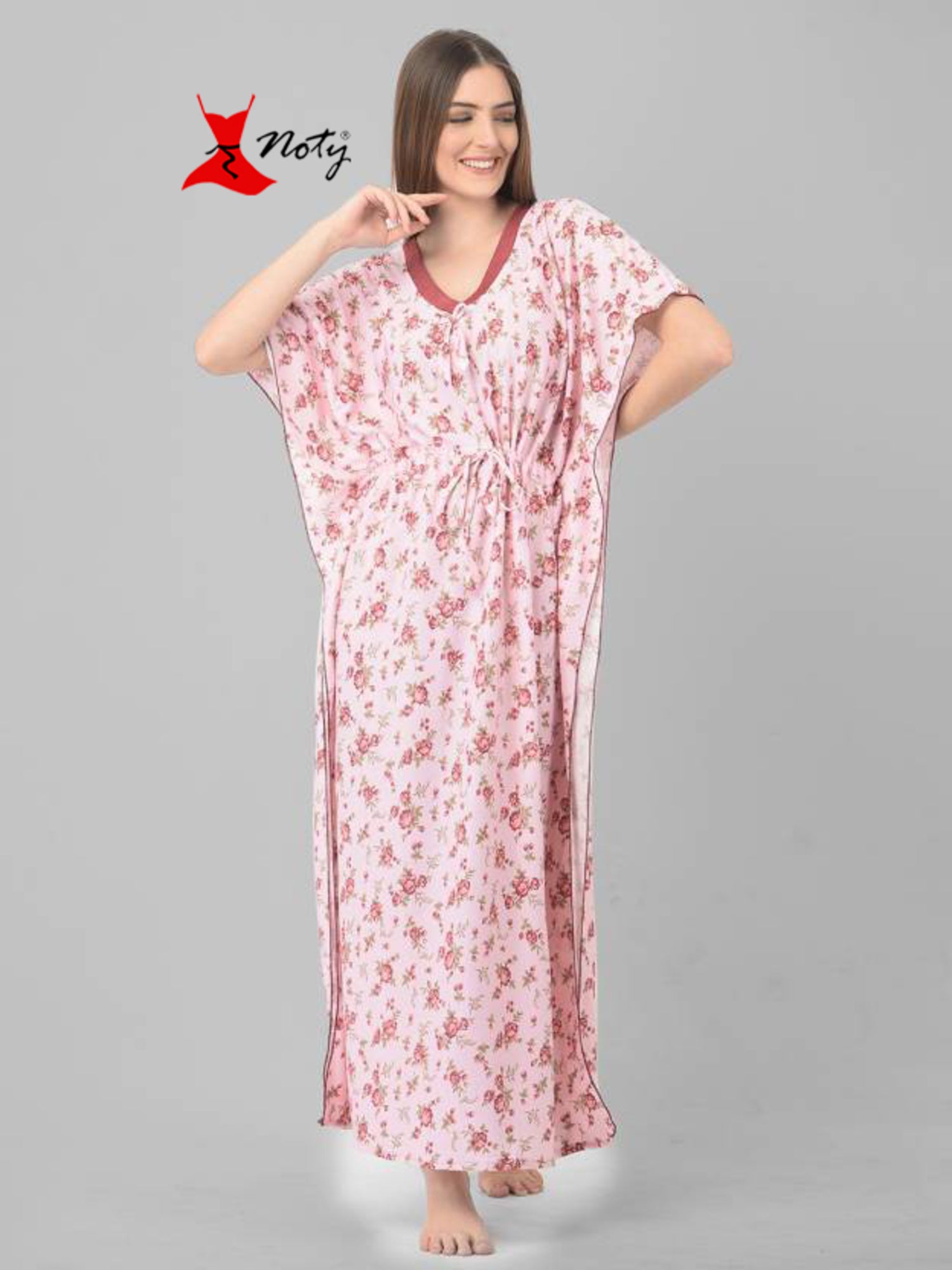 Noty Women's Soft Cotton Kaftan Maxi Nightgown Nighty Nightdress Nightwear -V-Neck- Floral