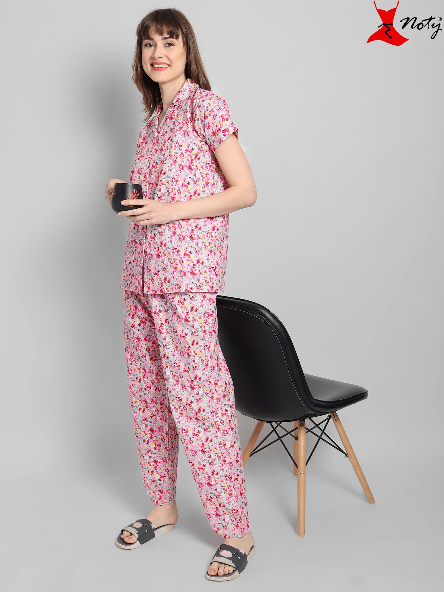 Noty ® Girl's/Women's Polyester and Cotton Mixed- Small Floral Printed- Night Suit/Night Wear/Lounge Wear/Night Dress