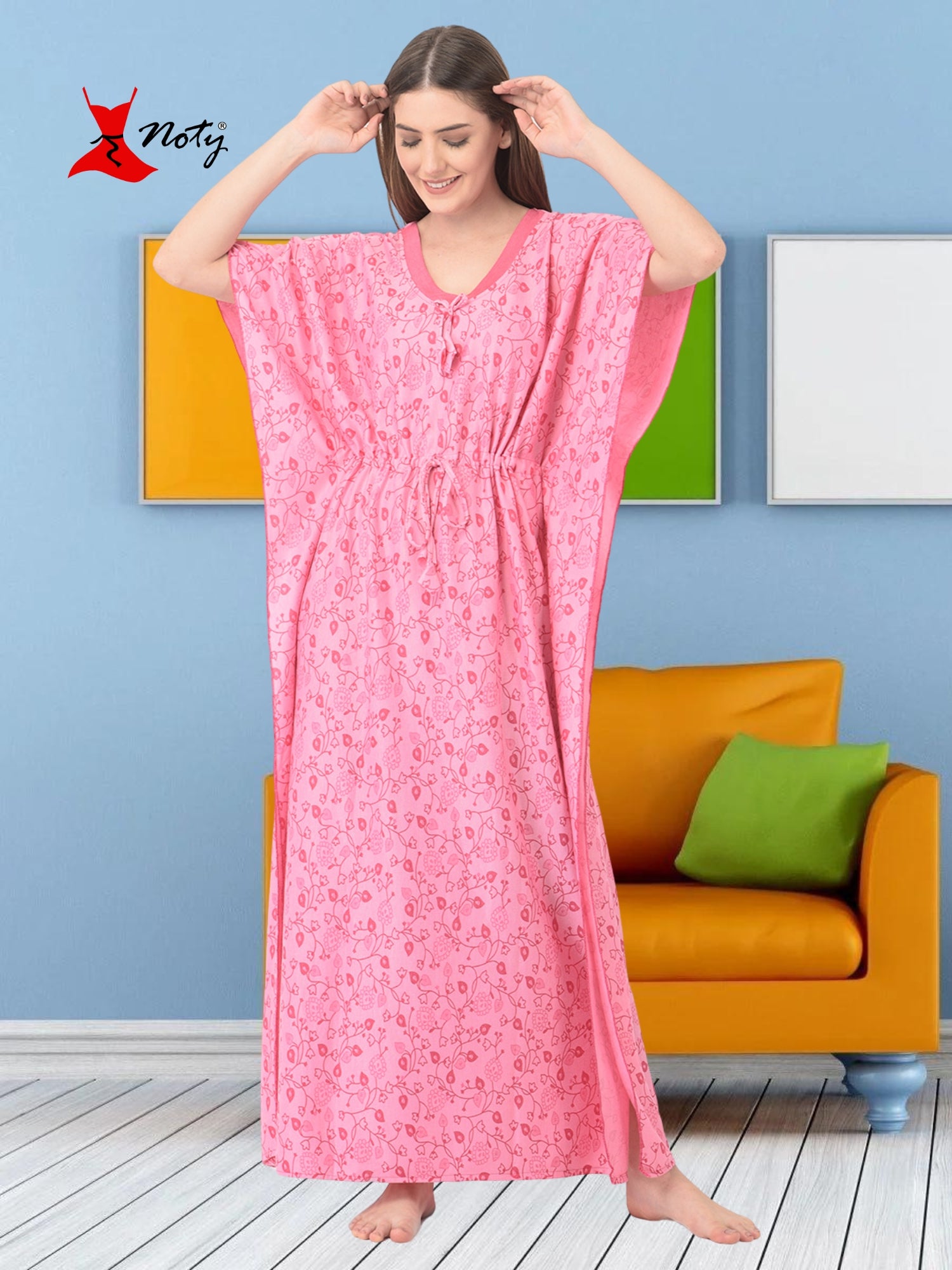 Noty Women's Soft Cotton Kaftan Maxi Nightgown Nighty Nightdress Nightwear -V-Neck- Floral