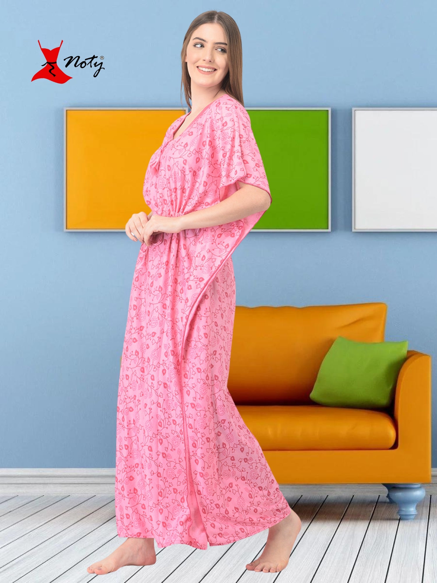 Noty Women's Soft Cotton Kaftan Maxi Nightgown Nighty Nightdress Nightwear -V-Neck- Floral