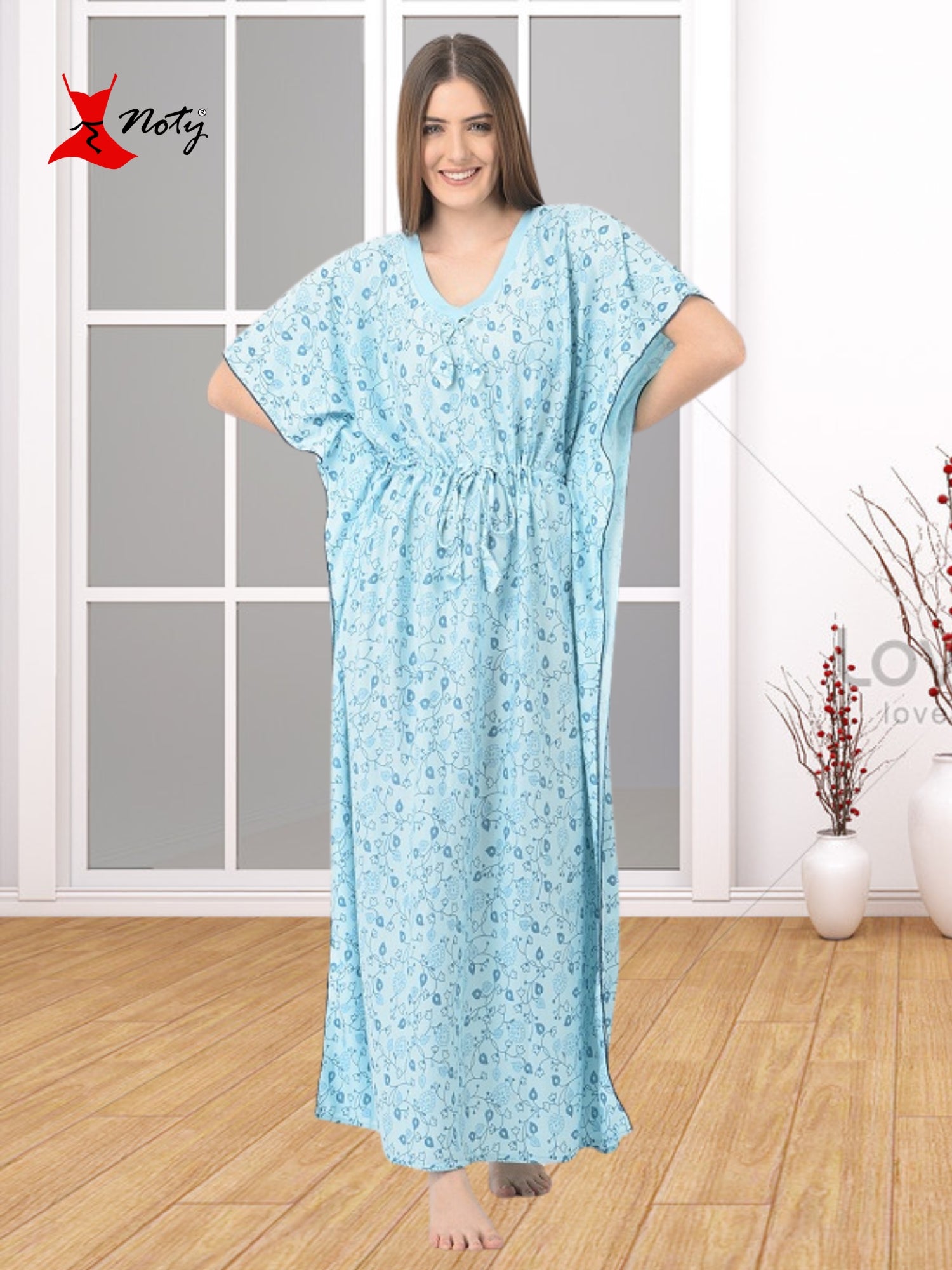Noty Women's Soft Cotton Kaftan Maxi Nightgown Nighty Nightdress Nightwear -V-Neck- Floral