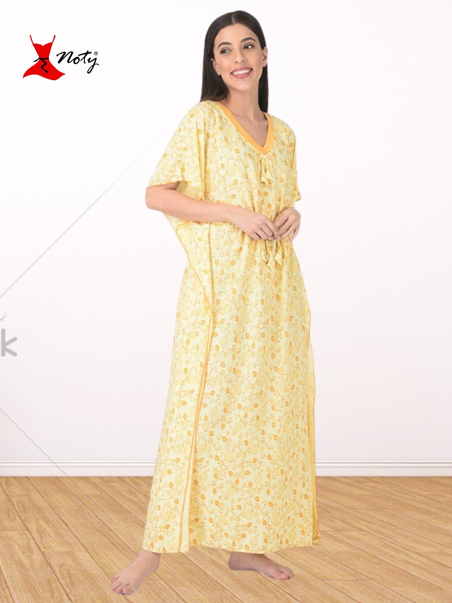Noty Women's Soft Cotton Kaftan Maxi Nightgown Nighty Nightdress Nightwear -V-Neck- Floral