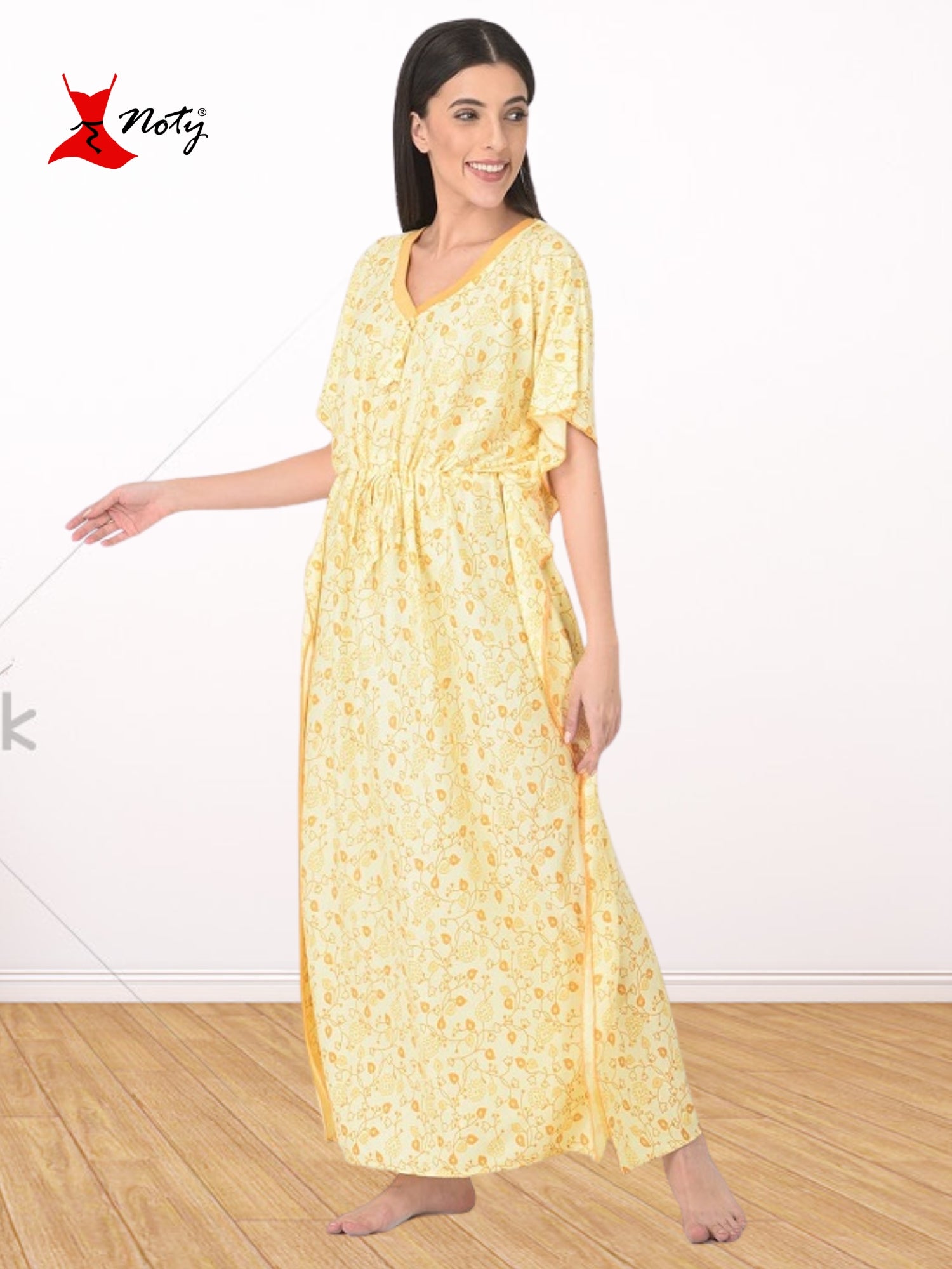 Noty Women's Soft Cotton Kaftan Maxi Nightgown Nighty Nightdress Nightwear -V-Neck- Floral