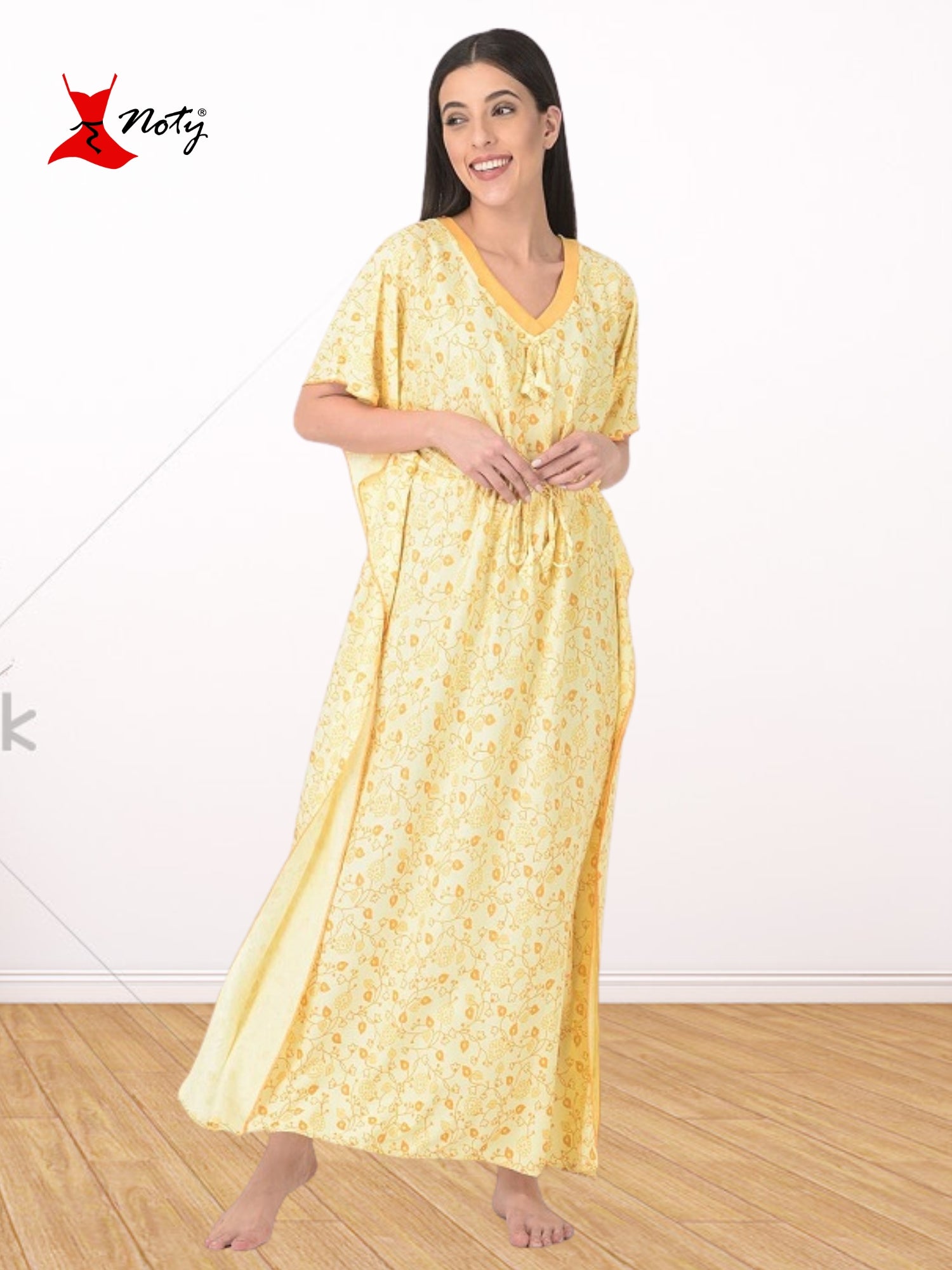 Noty Women's Soft Cotton Kaftan Maxi Nightgown Nighty Nightdress Nightwear -V-Neck- Floral