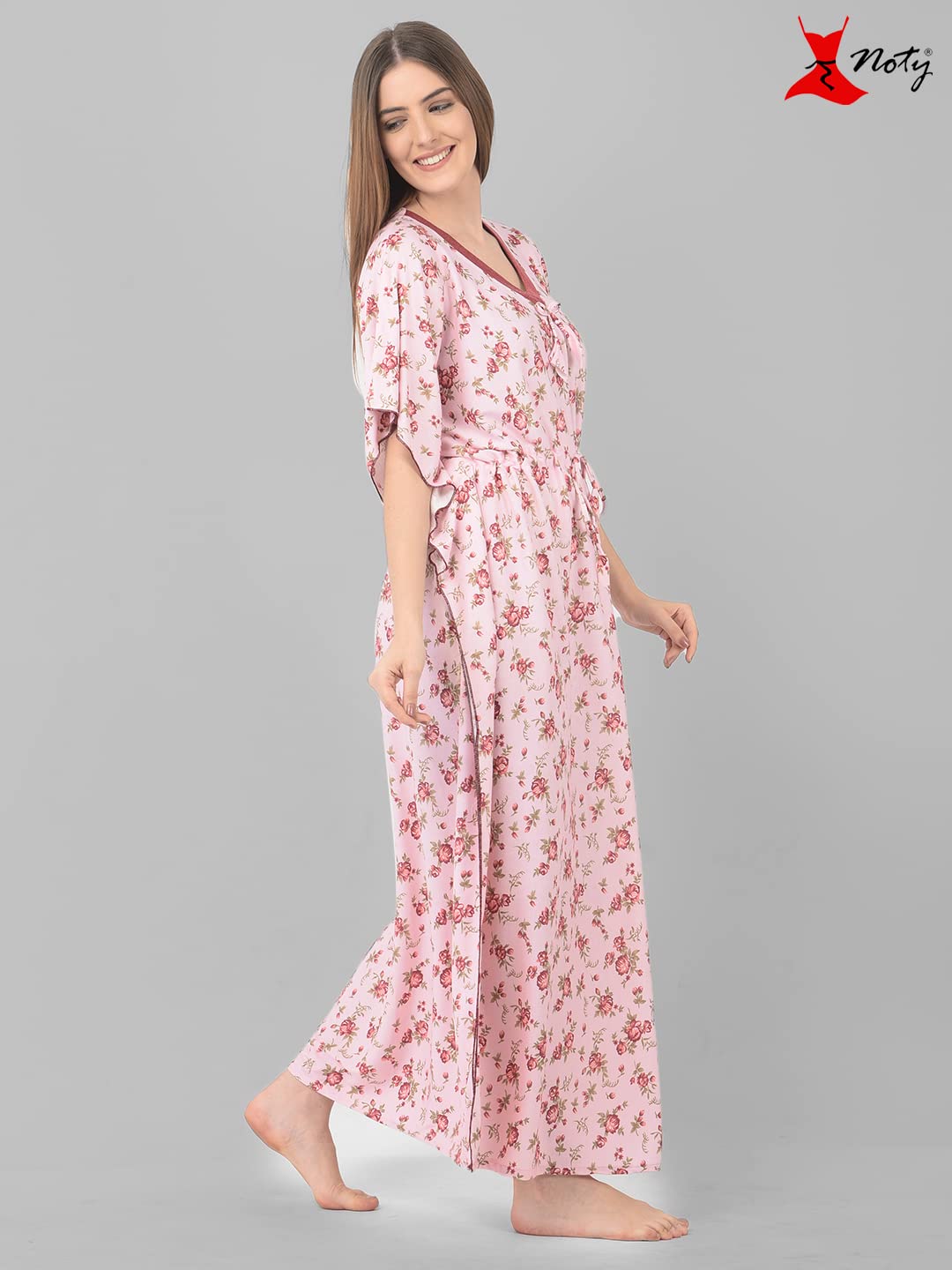 Noty Women's Soft Cotton Kaftan Maxi Nightgown Nighty Nightdress Nightwear -V-Neck- Floral