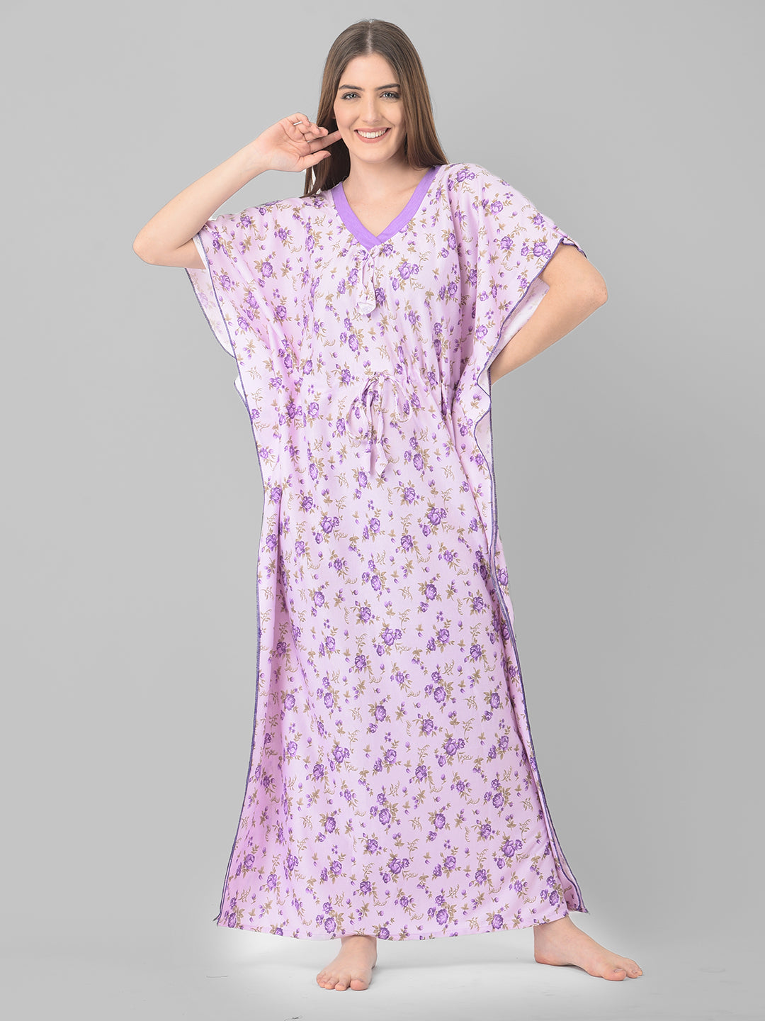 Noty Women's Soft Cotton Kaftan Maxi Nightgown Nighty Nightdress Nightwear -V-Neck- Floral