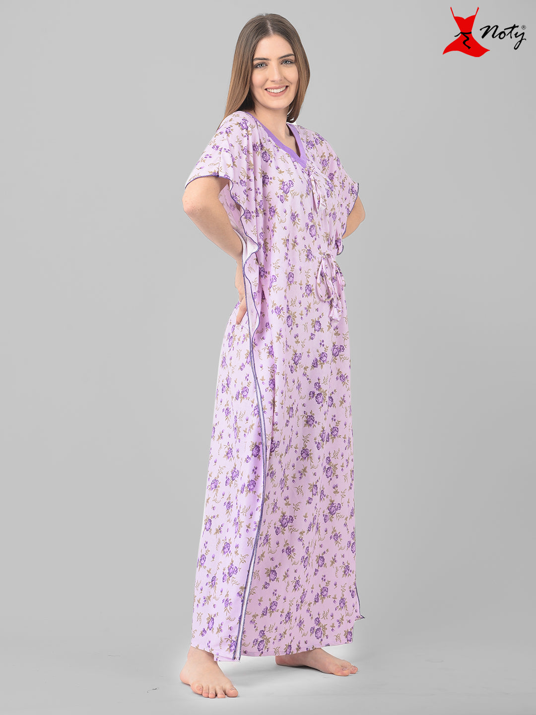 Noty Women's Soft Cotton Kaftan Maxi Nightgown Nighty Nightdress Nightwear -V-Neck- Floral