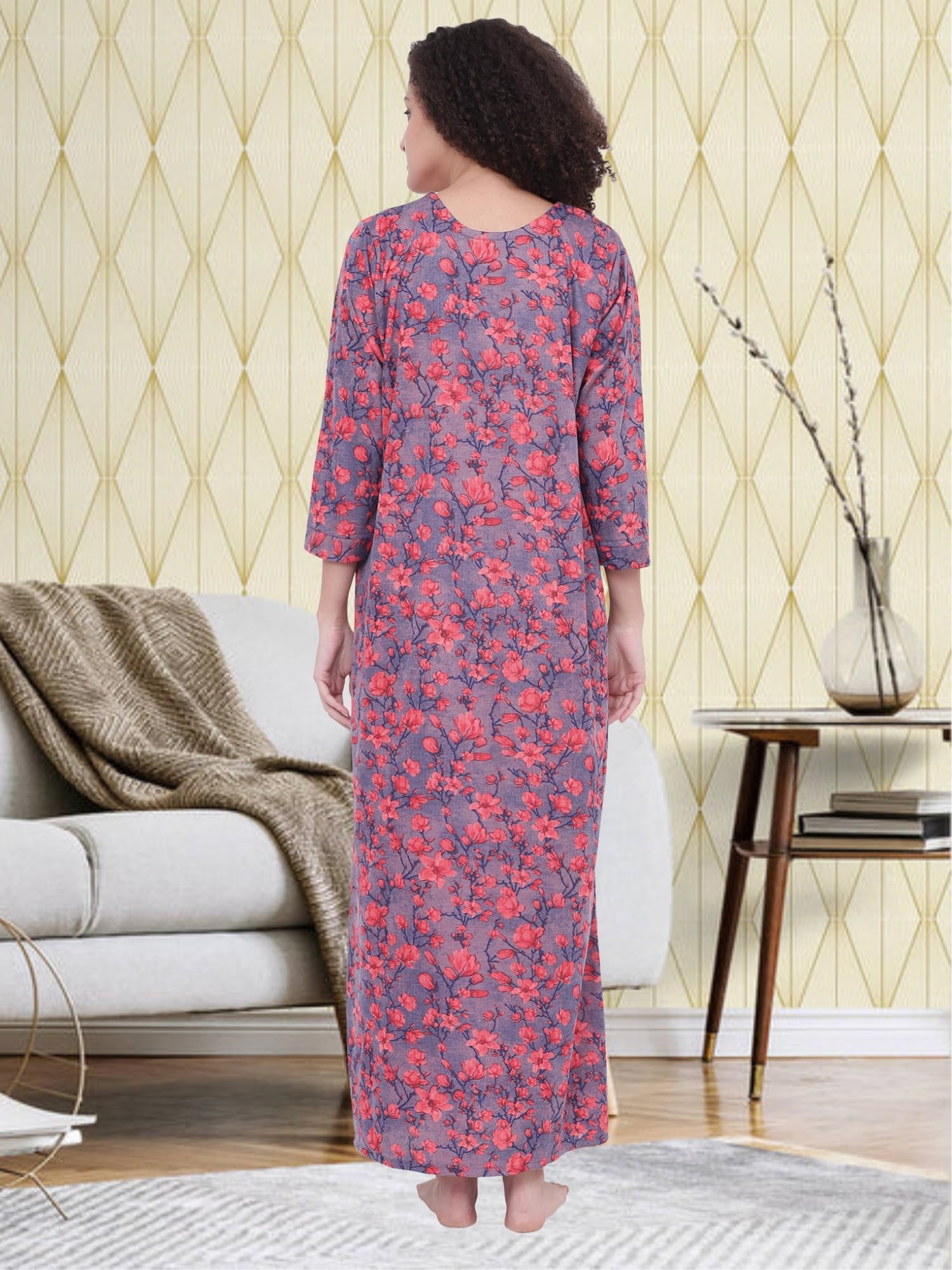 Noty ® Women's- Maternity | Feeding | Nursing | Nighty/Maxi/Gown- Poly Viscose Knits Fabric- Floral Embroidery, Zip on Both Sides, Full Sleeves