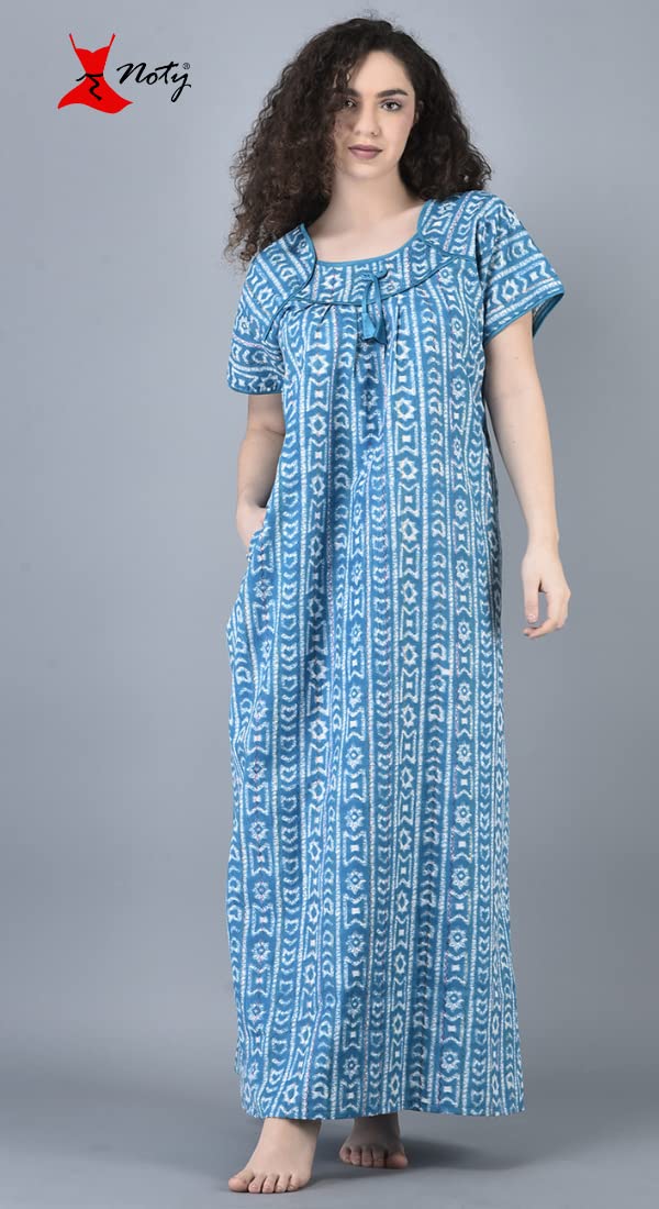Noty ® Women's- Cotton Nighty| Short Sleeves | Night Wear | Maxi for Women | U Shaped Neck - Cotton Fabric- Jaipuri Print