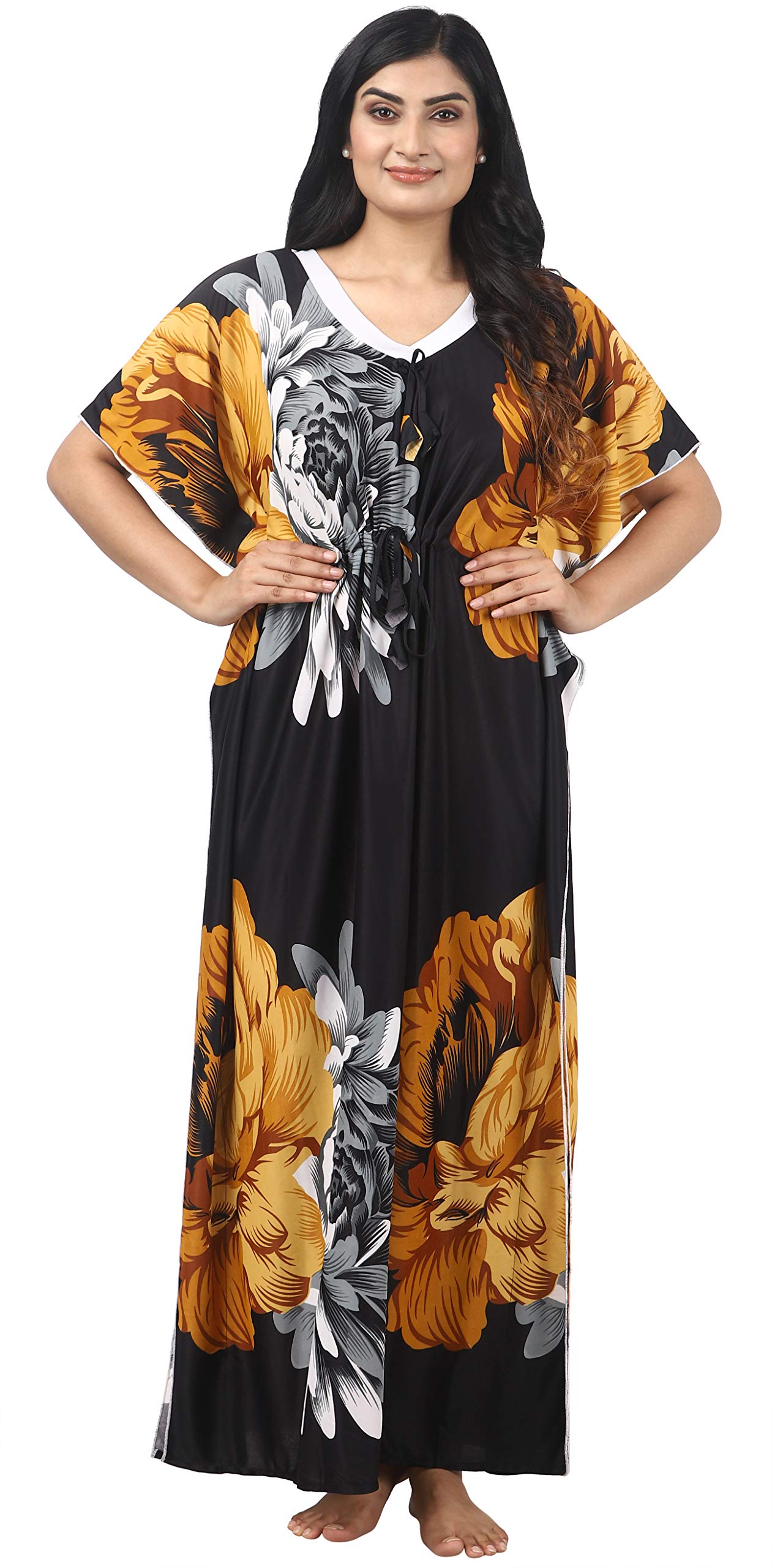 Noty Women's Kaftan Nighty | Serena Fabric | Floral Print Maxi | Short Sleeves | V Shaped Neck