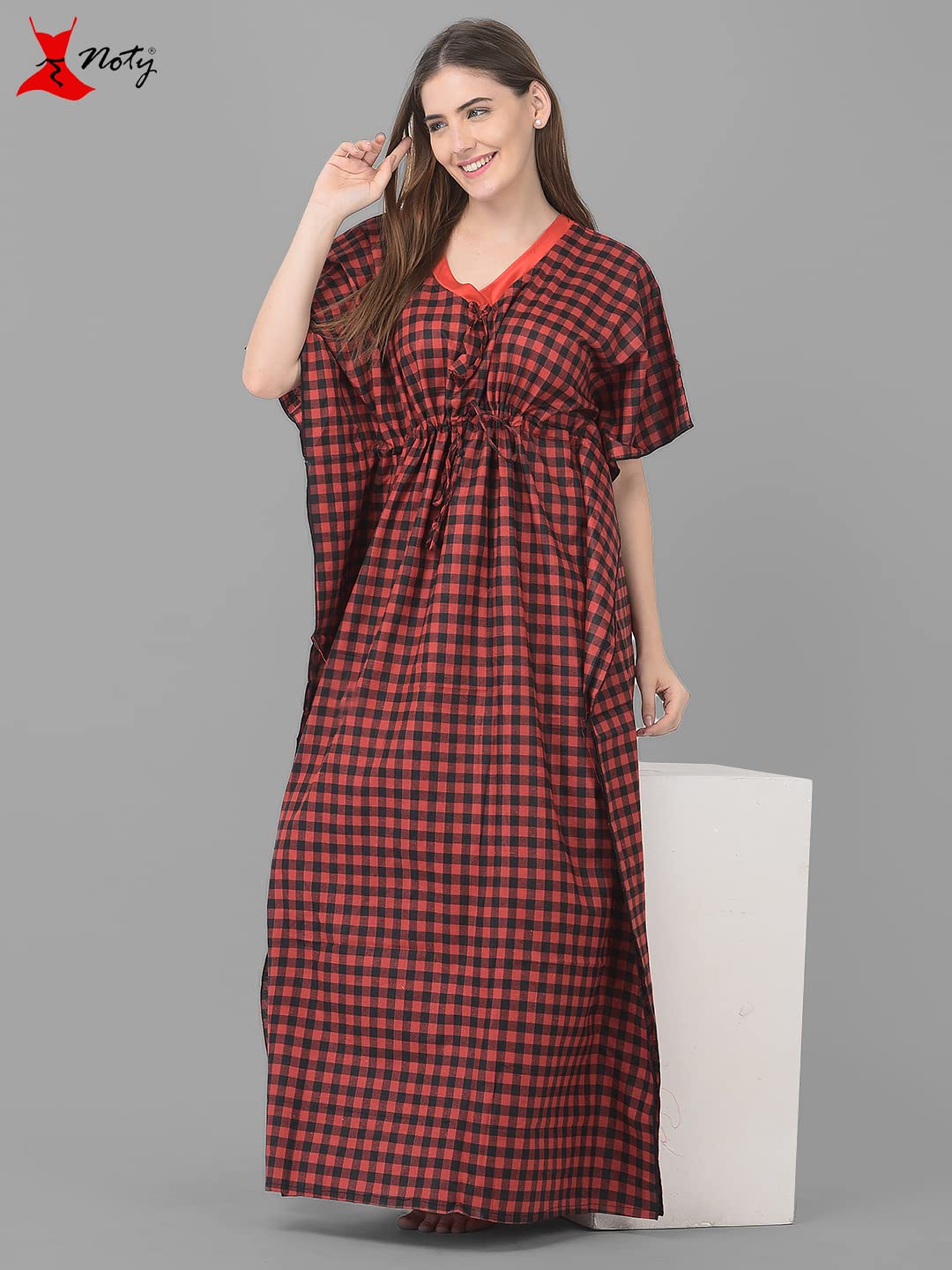 Noty Women Soft Cotton Kaftan Nighty | Check Print | Cotton Nighty | V Neck | Nightwear Nightdress