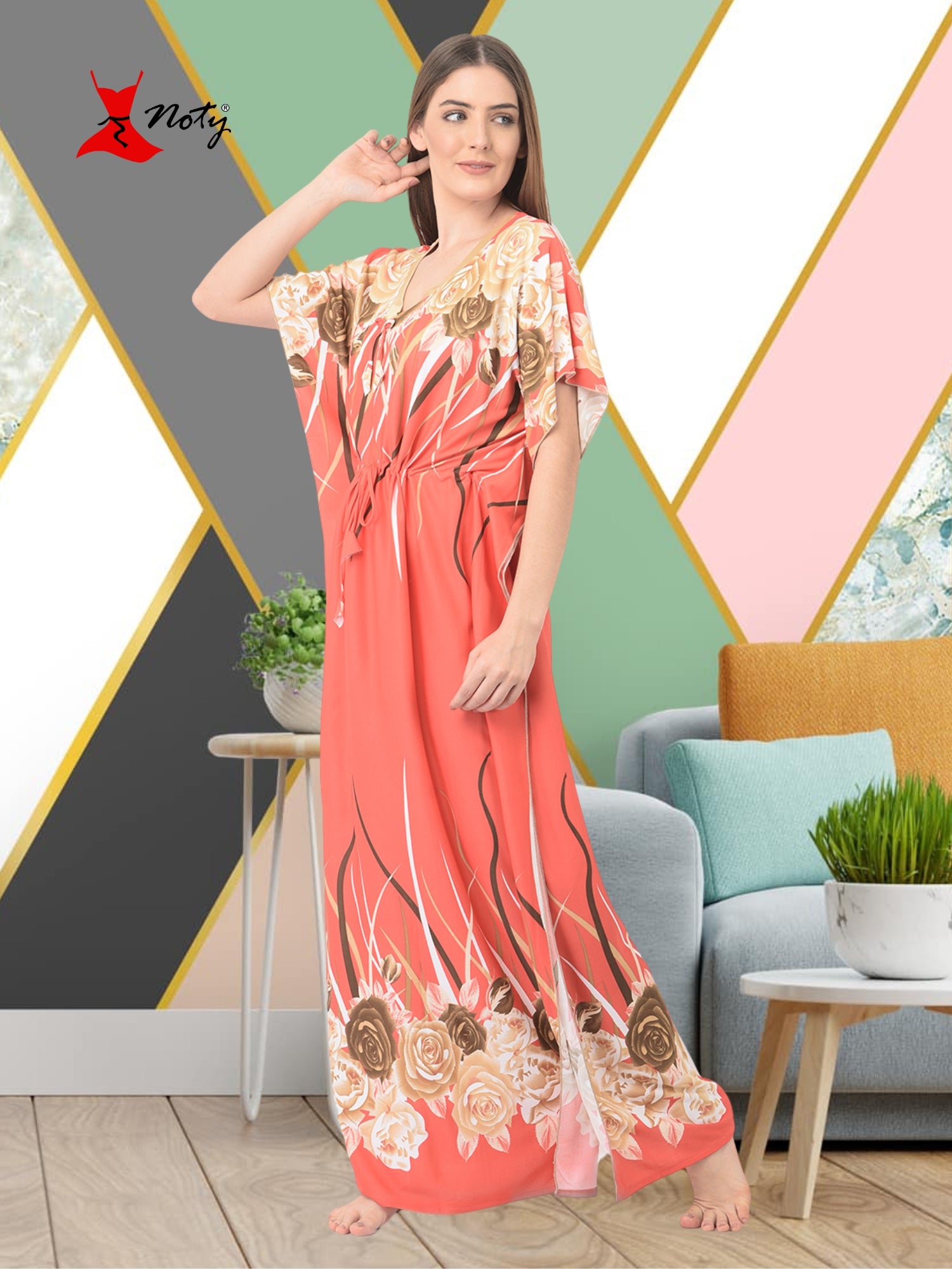 Noty ® Women's Kaftan Nighty | Printed Maxi | Sarena Fabric | Short Slevees Nightie | Nightgown for Girls & Women