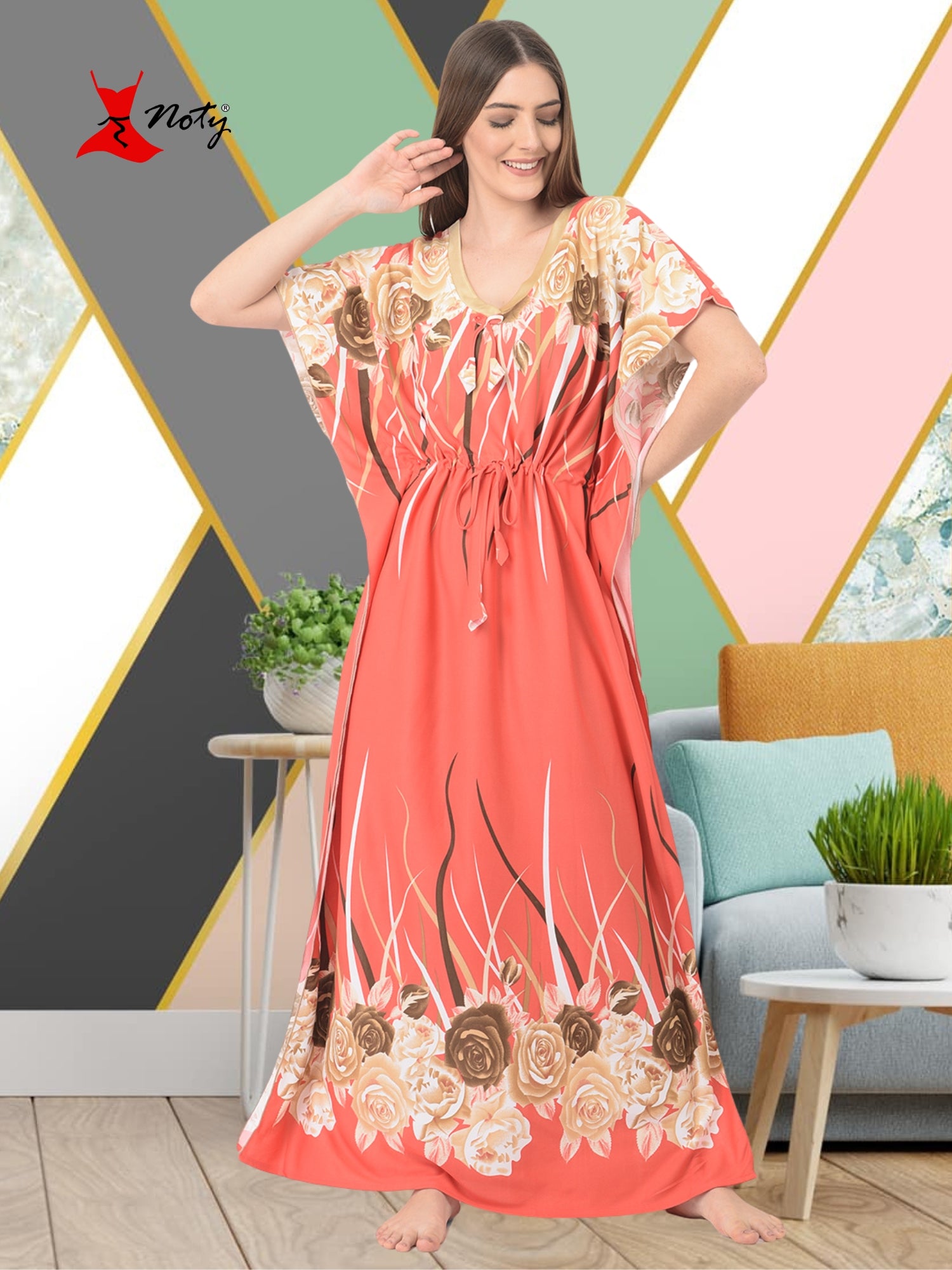 Noty ® Women's Kaftan Nighty | Printed Maxi | Sarena Fabric | Short Slevees Nightie | Nightgown for Girls & Women