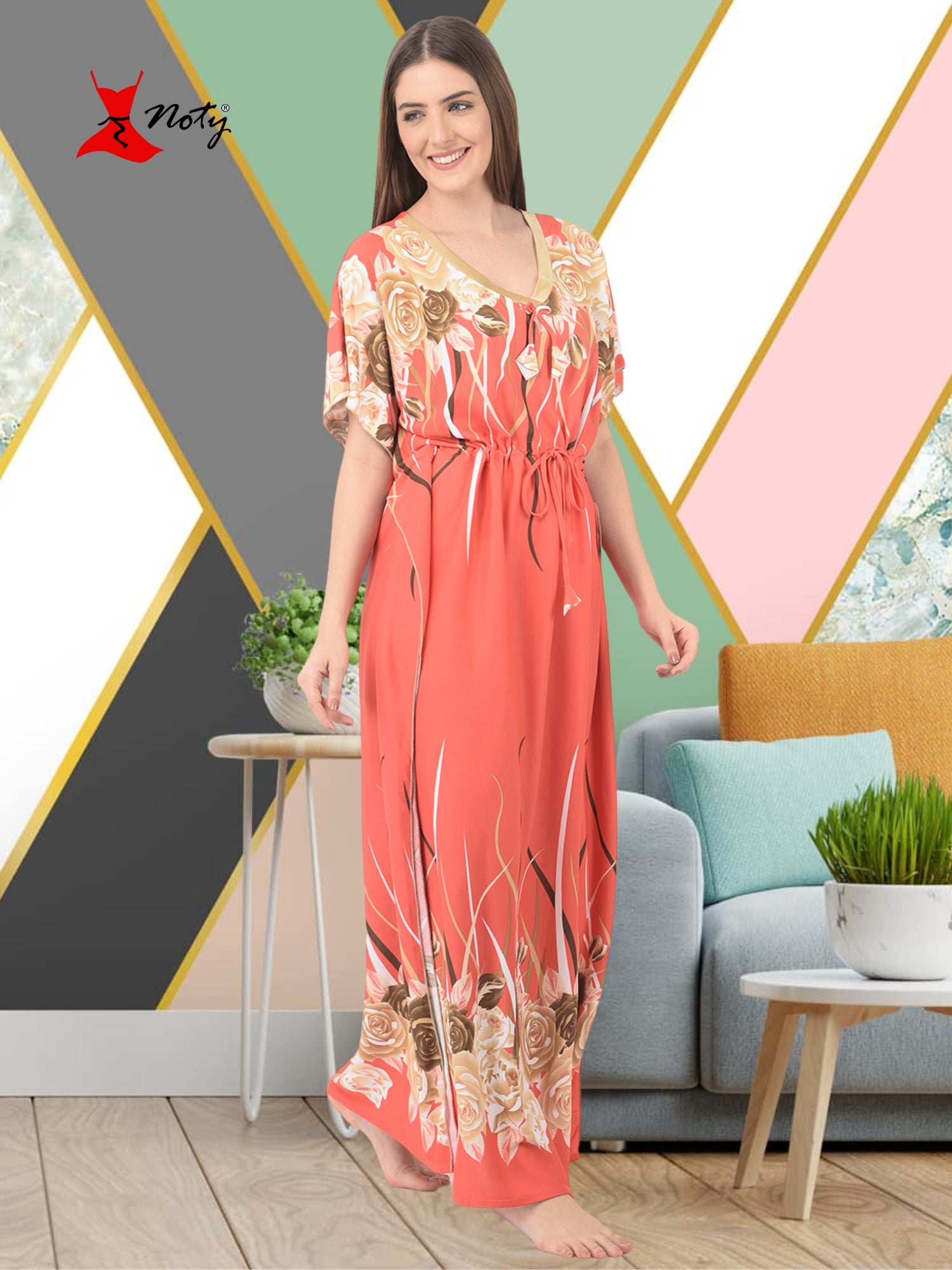 Noty ® Women's Kaftan Nighty | Printed Maxi | Sarena Fabric | Short Slevees Nightie | Nightgown for Girls & Women