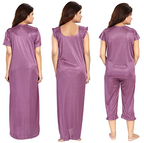 Noty Women's Satin Solid Maxi Nightwear Set Pack of 7 (Purple, Free Size)
