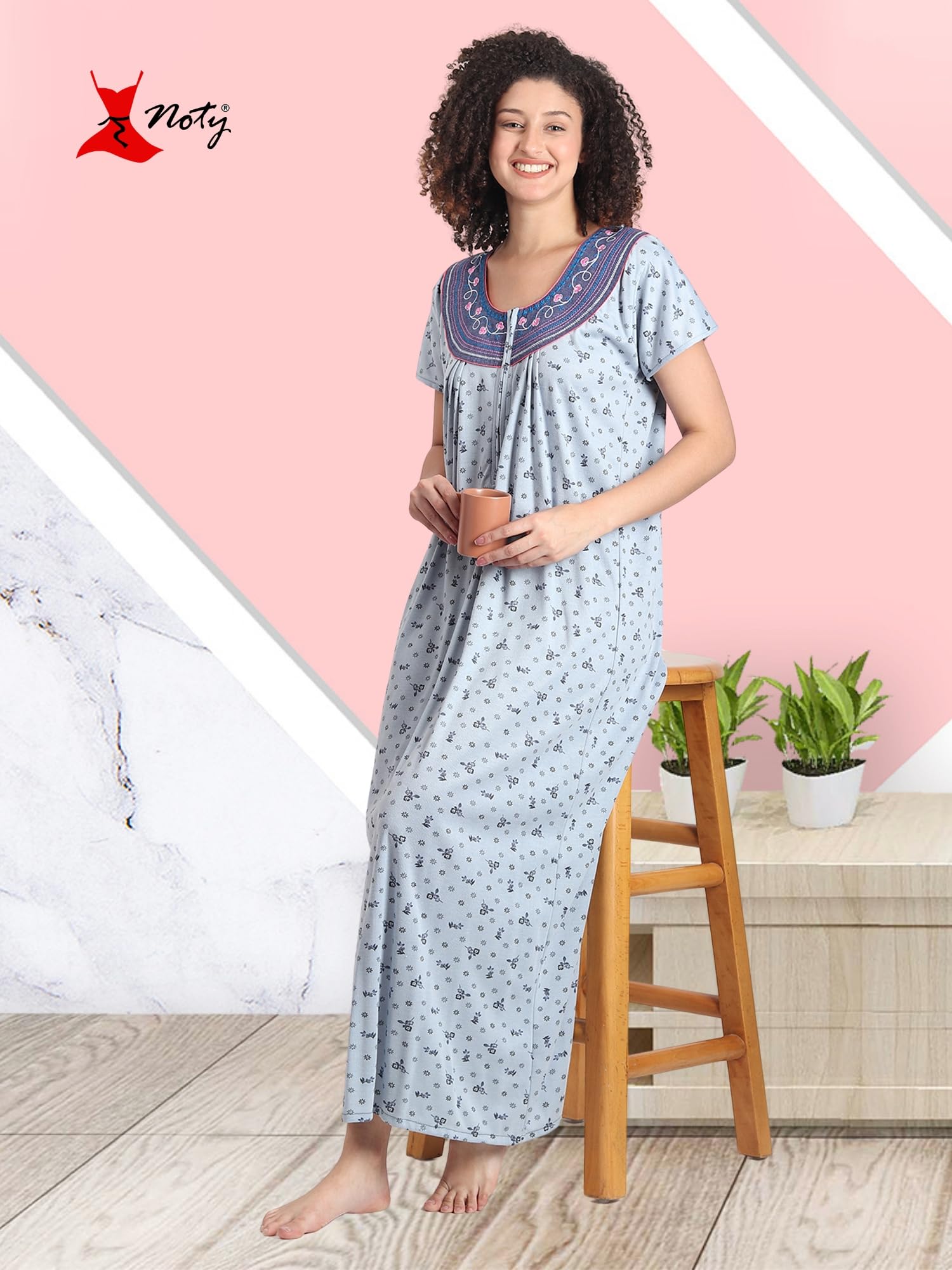Noty® Women's- Nighty | Maxi | Gown- Poly Viscose Knits Fabric- Embroidery, Full Sleeves, Zip Closure