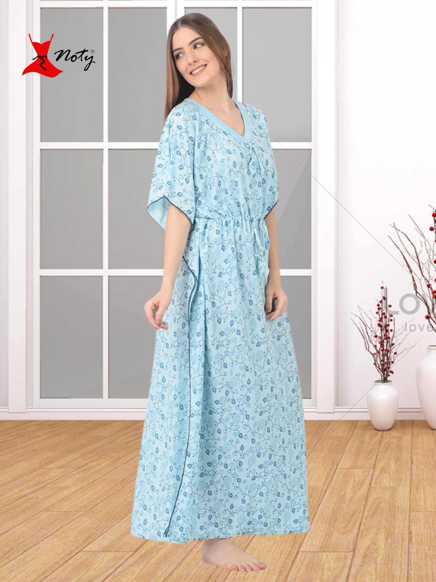 Noty Women's Soft Cotton Kaftan Maxi Nightgown Nighty Nightdress Nightwear -V-Neck- Floral
