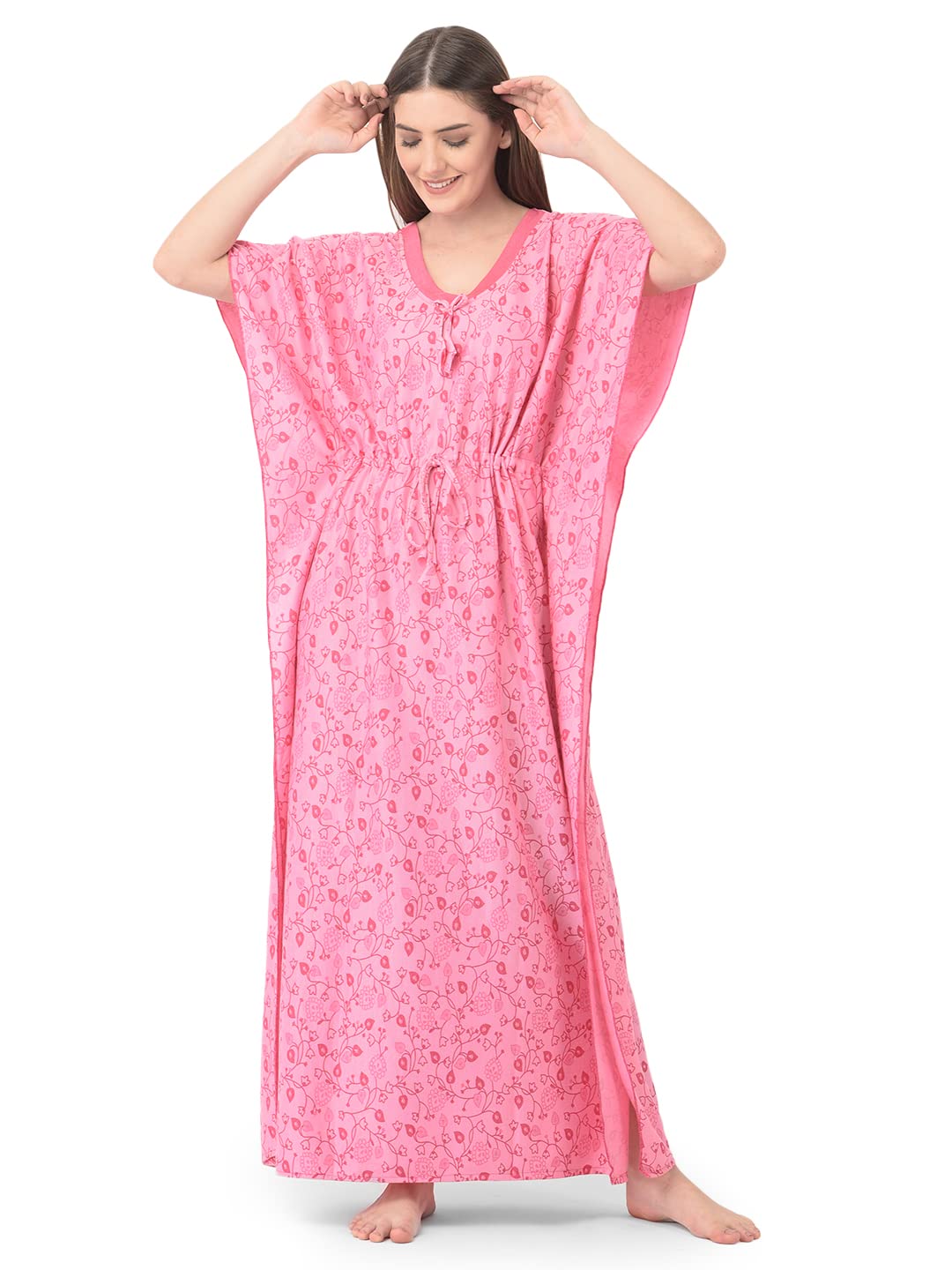 Noty Women's Soft Cotton Kaftan Maxi Nightgown Nighty Nightdress Nightwear -V-Neck- Floral