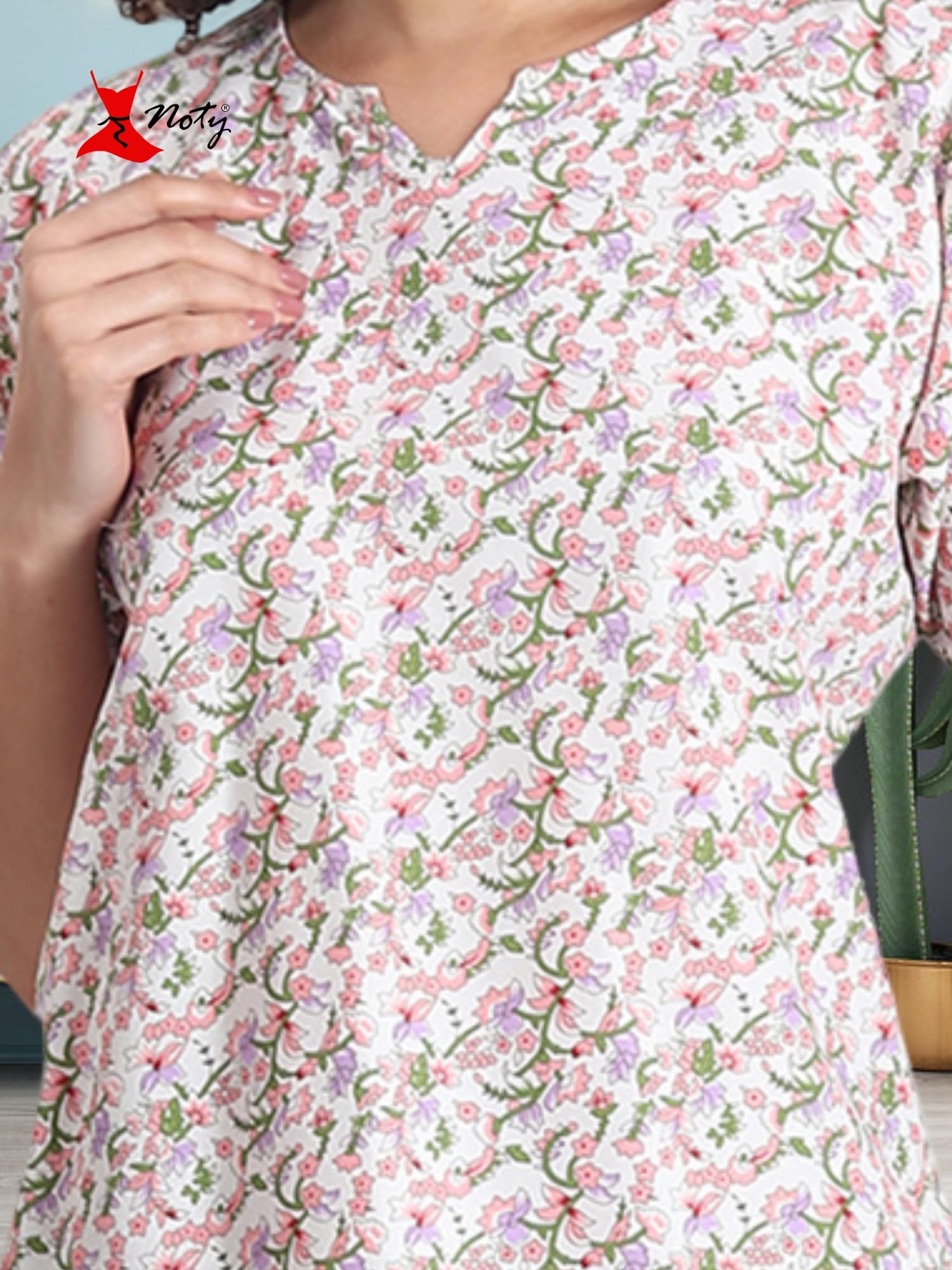 Noty ® Girl's/Women's Polyester and Cotton Mixed- Small Floral Printed- Night Suit/Night Wear/Lounge Wear/Night Dress