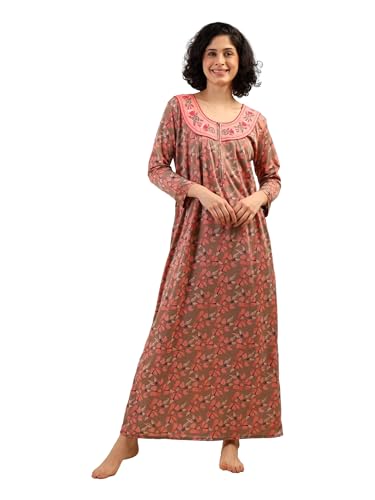 Noty® Women's- Nighty | Maxi | Gown- Poly Viscose Knits Fabric- Embroidery, Full Sleeves, Zip Closure