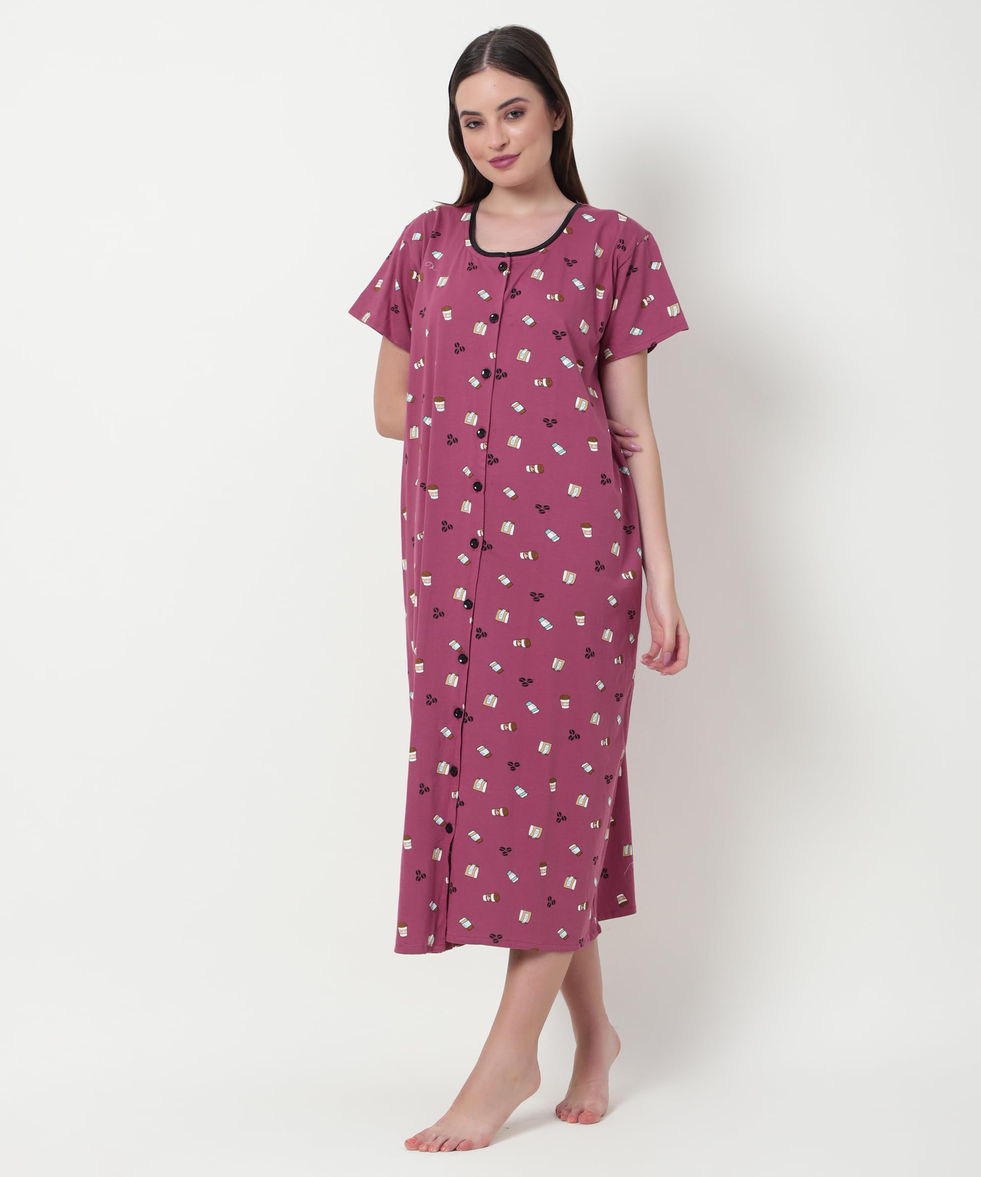 Noty ® Women's- Maternity | Hospital | Delivery Gown | Feeding | Nursing Nighty- Sinker Cotton Knits Fabric- Front Open | Printed | Full Button Open | Short Sleeves
