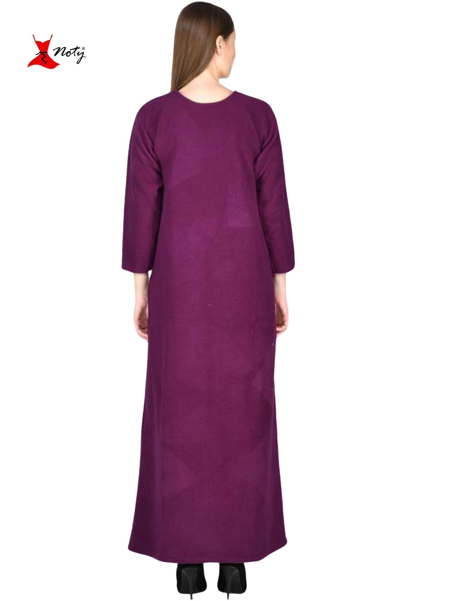 Noty Women Woolen Winter Fleece Nighty 3/4 Sleeve - Punch, Maroon, Deep Purple, Navy Blue