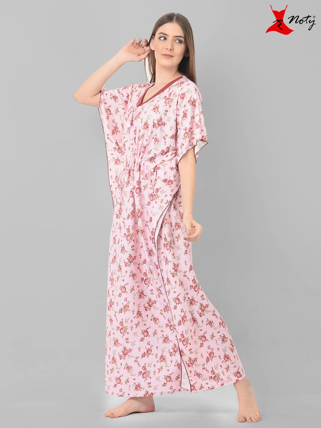 Noty Women's Soft Cotton Kaftan Maxi Nightgown Nighty Nightdress Nightwear -V-Neck- Floral