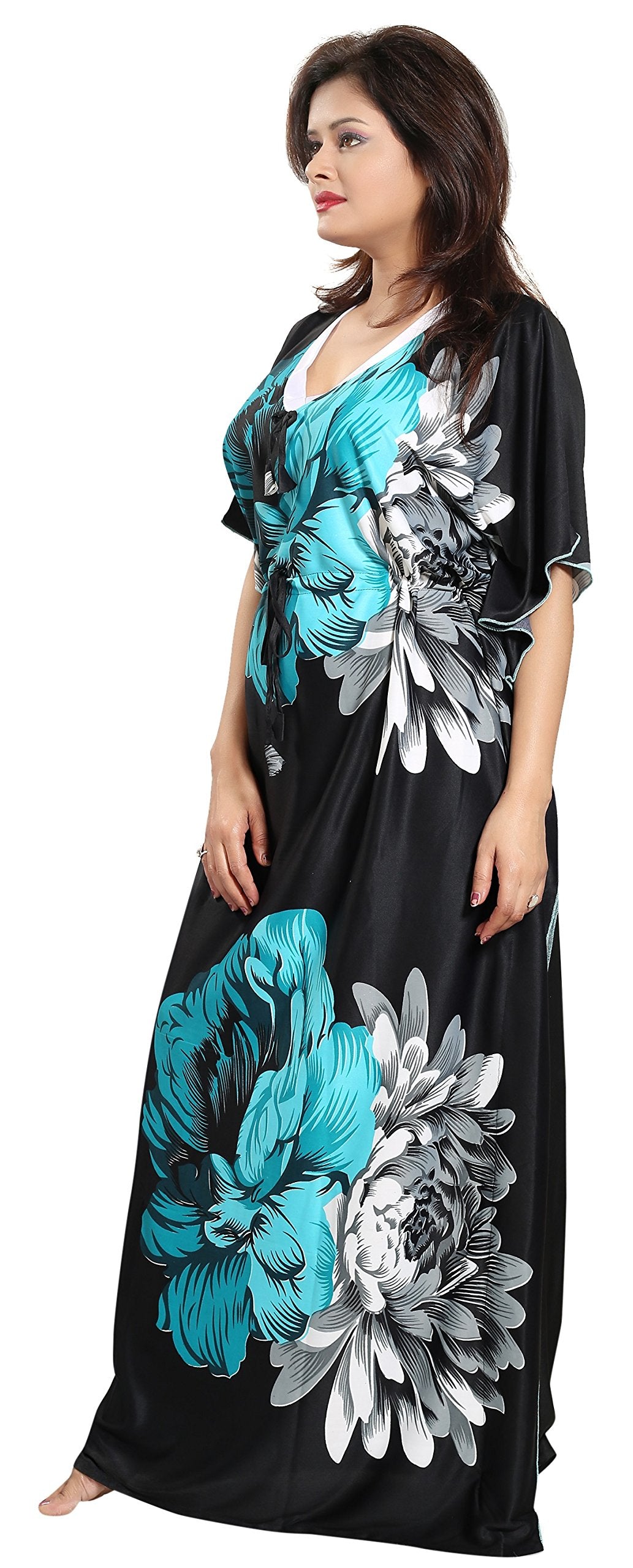 Noty Women's Kaftan Nighty | Serena Fabric | Floral Print Maxi | Short Sleeves | V Shaped Neck