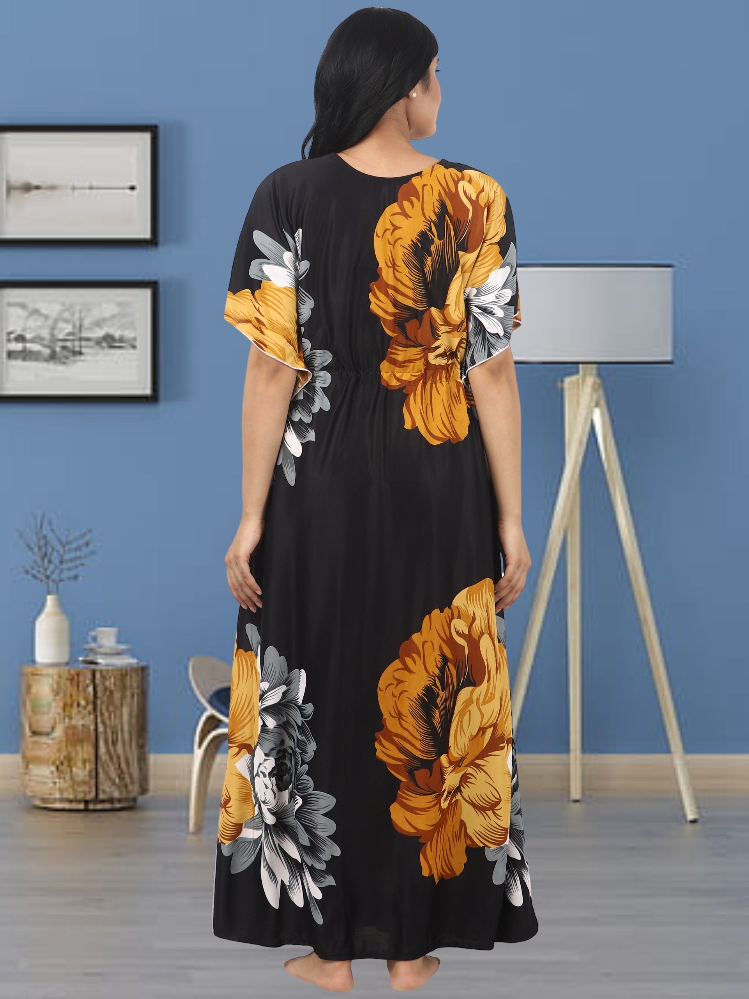 Noty Women's Kaftan Nighty | Serena Fabric | Floral Print Maxi | Short Sleeves | V Shaped Neck