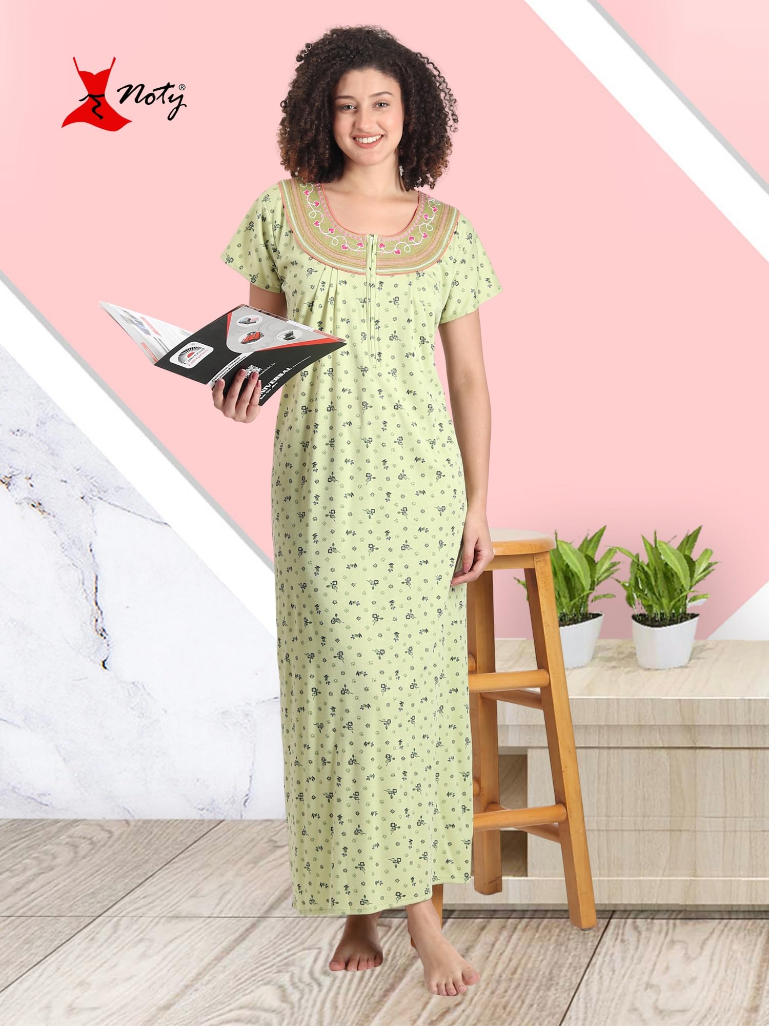 Noty® Women's- Nighty | Maxi | Gown- Poly Viscose Knits Fabric- Embroidery, Full Sleeves, Zip Closure