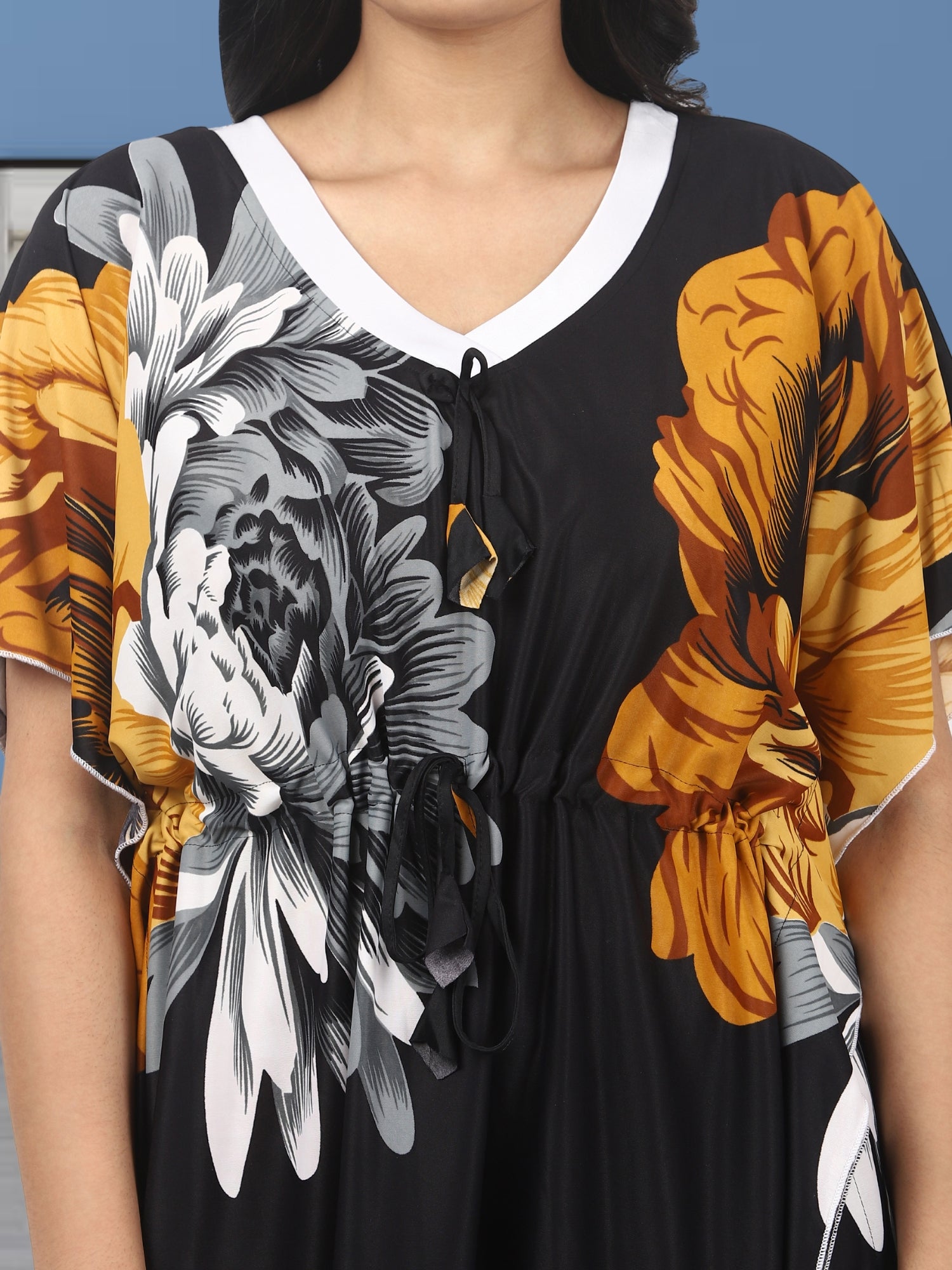 Noty Women's Kaftan Nighty | Serena Fabric | Floral Print Maxi | Short Sleeves | V Shaped Neck