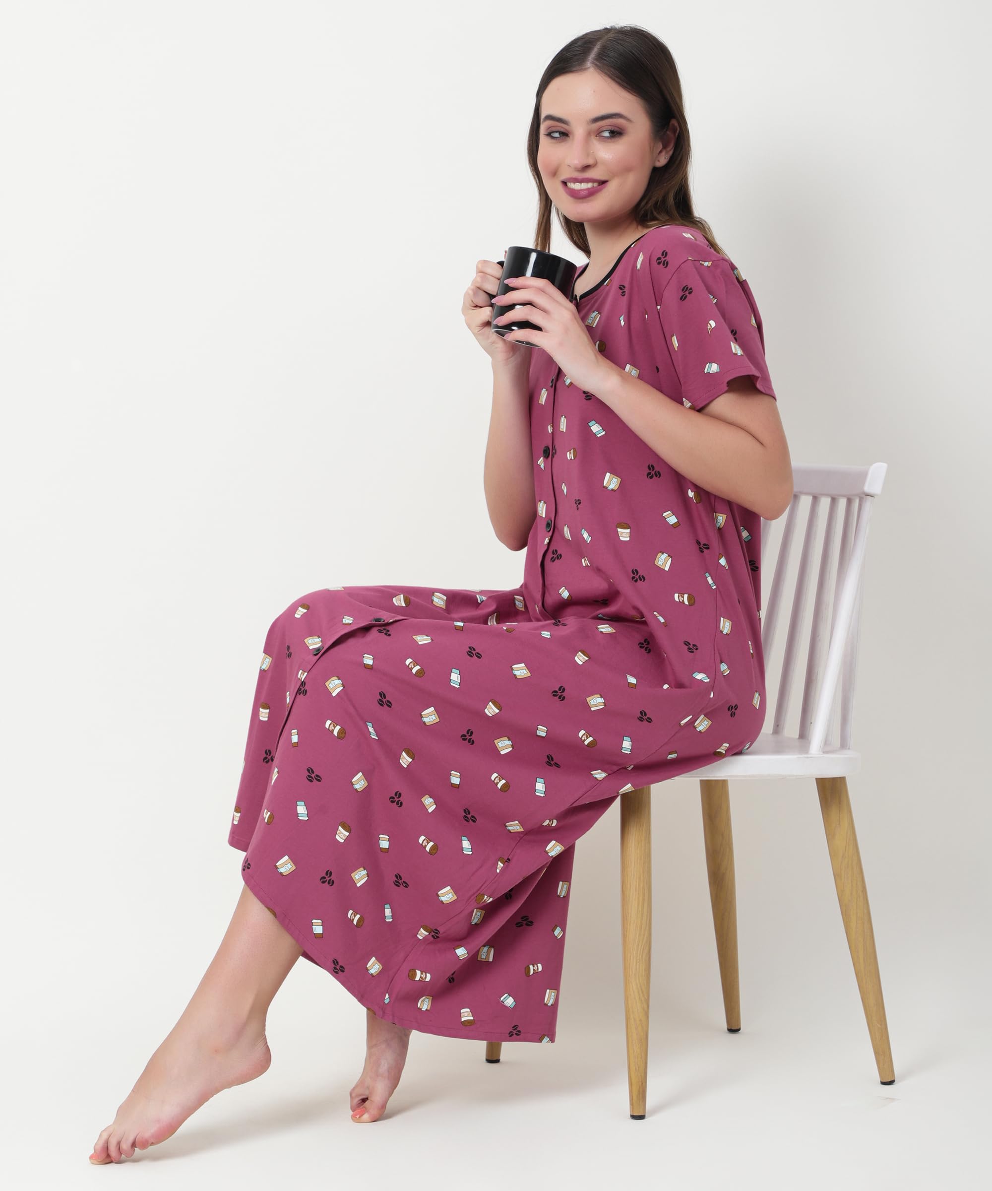 Noty ® Women's- Maternity | Hospital | Delivery Gown | Feeding | Nursing Nighty- Sinker Cotton Knits Fabric- Front Open | Printed | Full Button Open | Short Sleeves