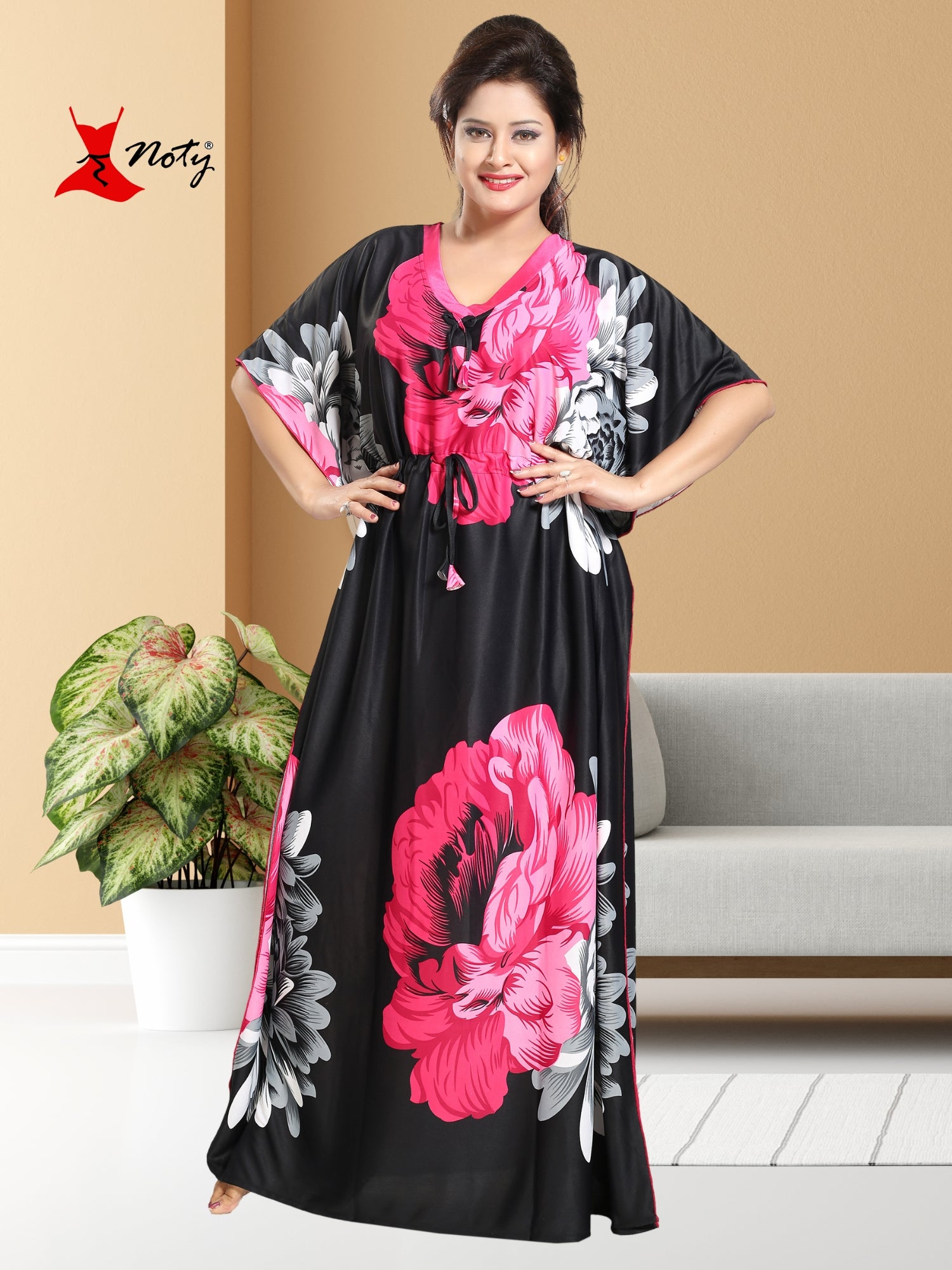 Noty Women's Kaftan Nighty | Serena Fabric | Floral Print Maxi | Short Sleeves | V Shaped Neck