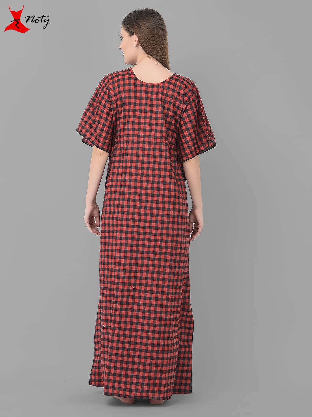Noty Women Soft Cotton Kaftan Nighty | Check Print | Cotton Nighty | V Neck | Nightwear Nightdress