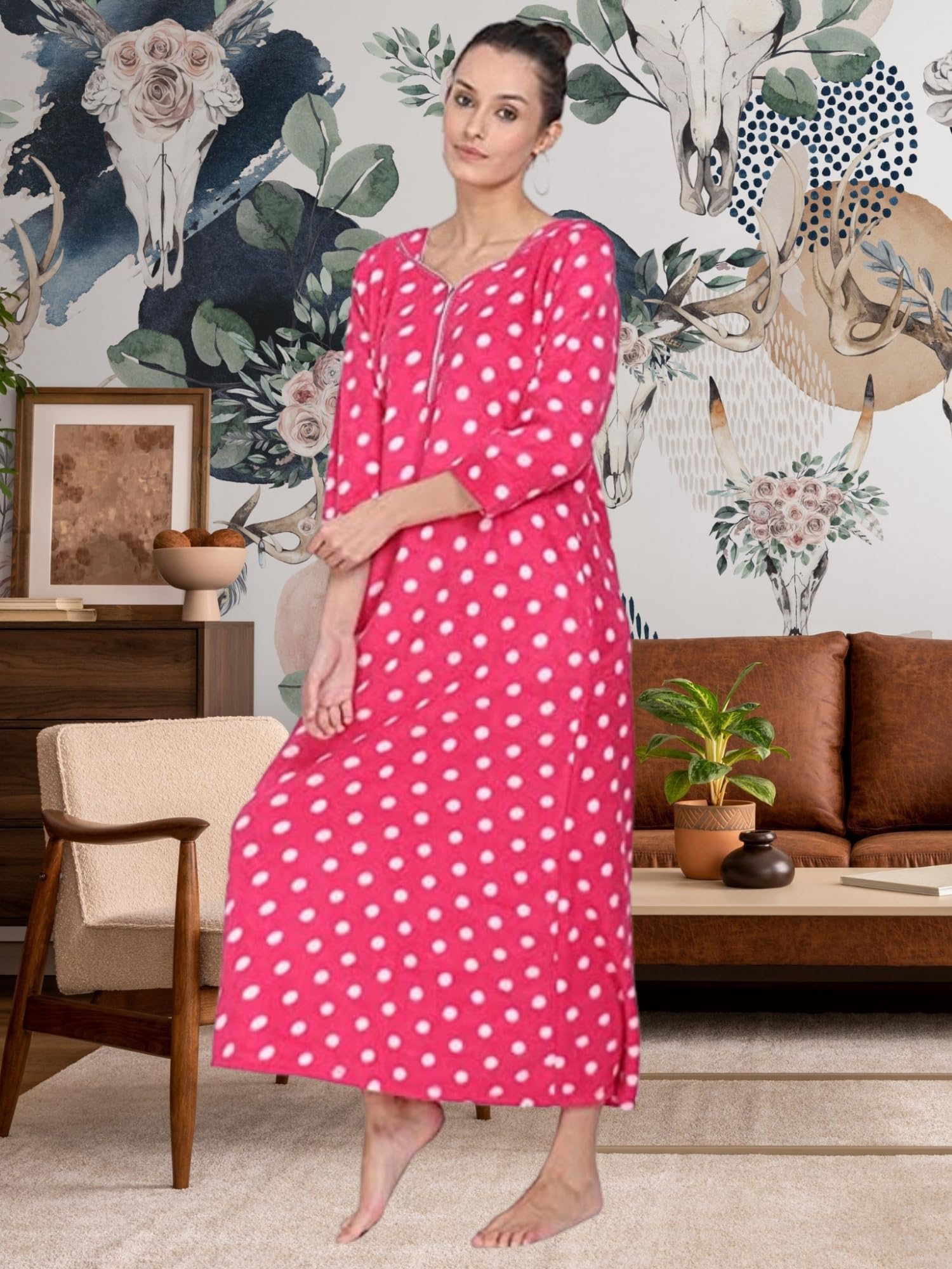 Noty Women Woolen Winter Fleece Nighty 3/4 Sleeve - Punch, Maroon, Deep Purple, Navy Blue