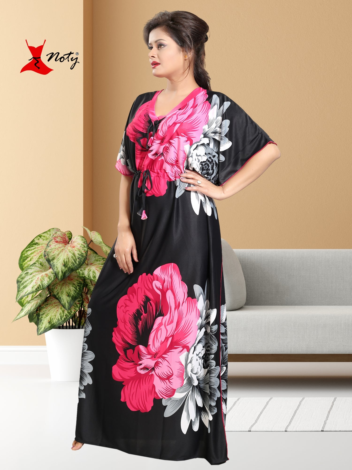 Noty Women's Kaftan Nighty | Serena Fabric | Floral Print Maxi | Short Sleeves | V Shaped Neck